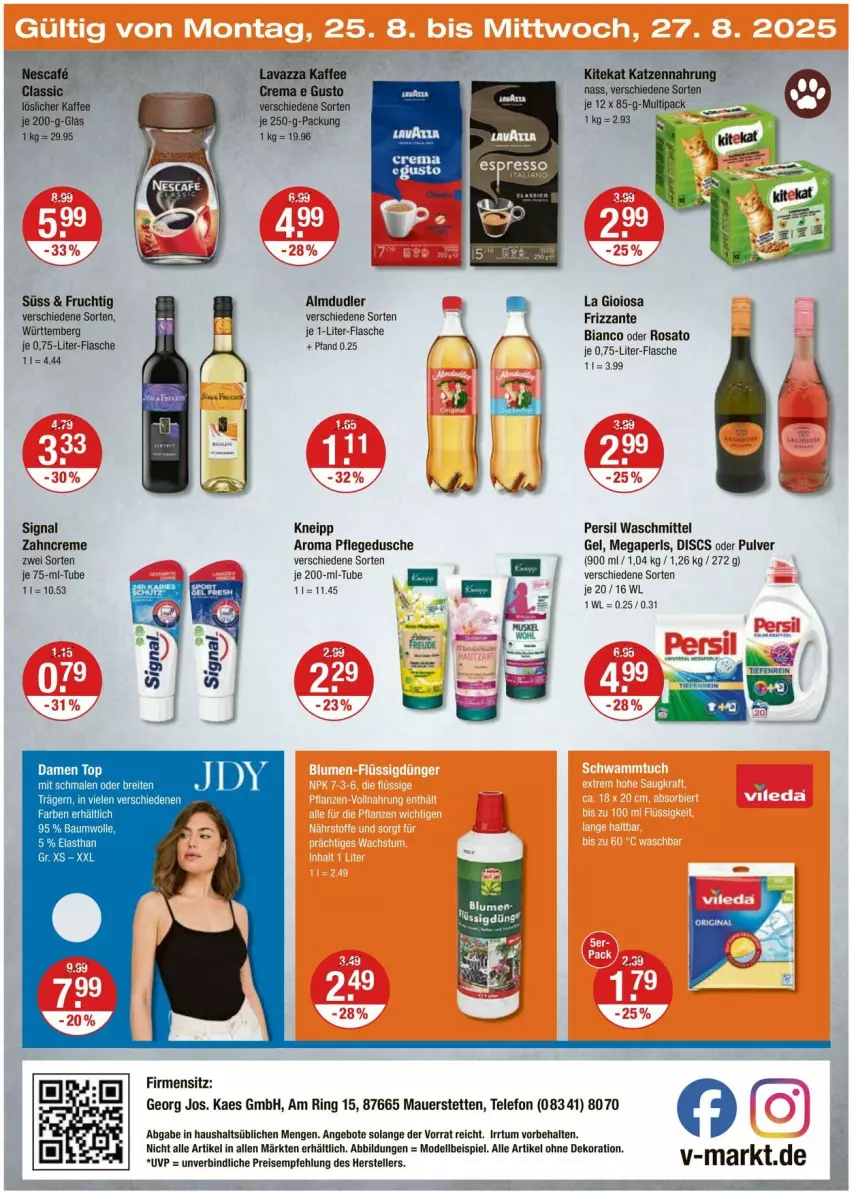 Aktueller Prospekt Vmarkt - Prospekte - von 21.08 bis 27.08.2025 - strona 20 - produkty: alle artikel ohne dekoration, almdudler, angebot, angebote, auer, blume, blumen, Brei, creme, dekoration, dell, dusche, eis, ente, espresso, flasche, frizzante, frucht, je 1-liter-flasche, je 250-g-packung, kaes, katzennahrung, kitekat, kneipp, La Gioiosa, megaperls, Mode, persil, persil waschmittel, pflegedusche, ring, rosato, Signal, telefon, Ti, waschmittel, zahncreme