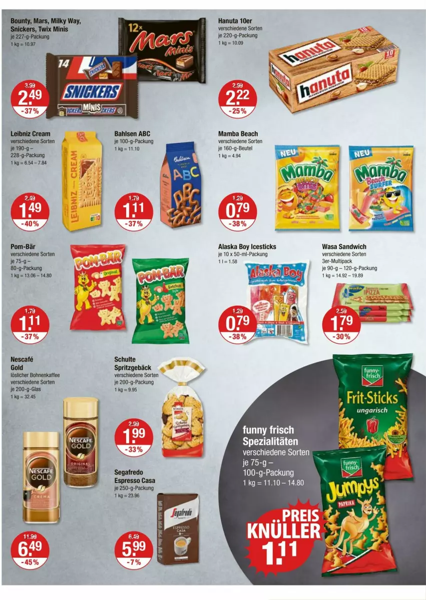 Aktueller Prospekt Vmarkt - Prospekte - von 21.08 bis 27.08.2025 - strona 8 - produkty: bahlsen, beutel, bohne, bohnen, bohnenkaffee, eis, espresso, Funny Frisch, hanuta, je 250-g-packung, kaffee, leibniz, LG, löslicher bohnenkaffee, mam, mars, milky way, pom-bär, sandwich, Segafredo, Spezi, Spritzgebäck, Ti, twix, wasa
