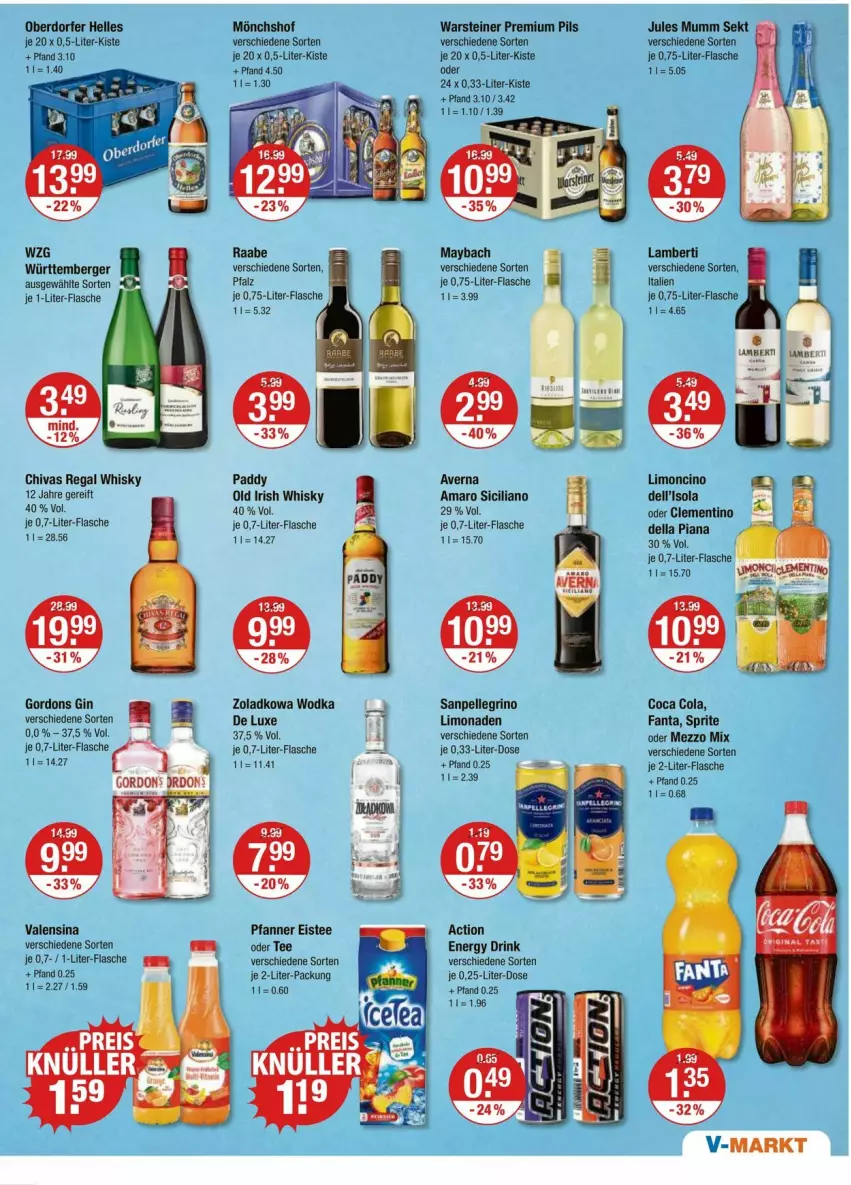 Aktueller Prospekt Vmarkt - Prospekte - von 21.08 bis 27.08.2025 - strona 9 - produkty: amaro, Amber, averna, Berger, cin, cola, dell, drink, eis, eistee, elle, energy drink, fanta, flasche, gin, gordon, gordons, je 1-liter-flasche, jules mumm, limo, limonade, limonaden, maybach, Mezzo Mix, mönchshof, mumm, pfanne, Pfanner, pils, premium pils, regal, sanpellegrino, sekt, sprite, steiner, tee, Ti, valensina, warsteiner, whisky, wodka