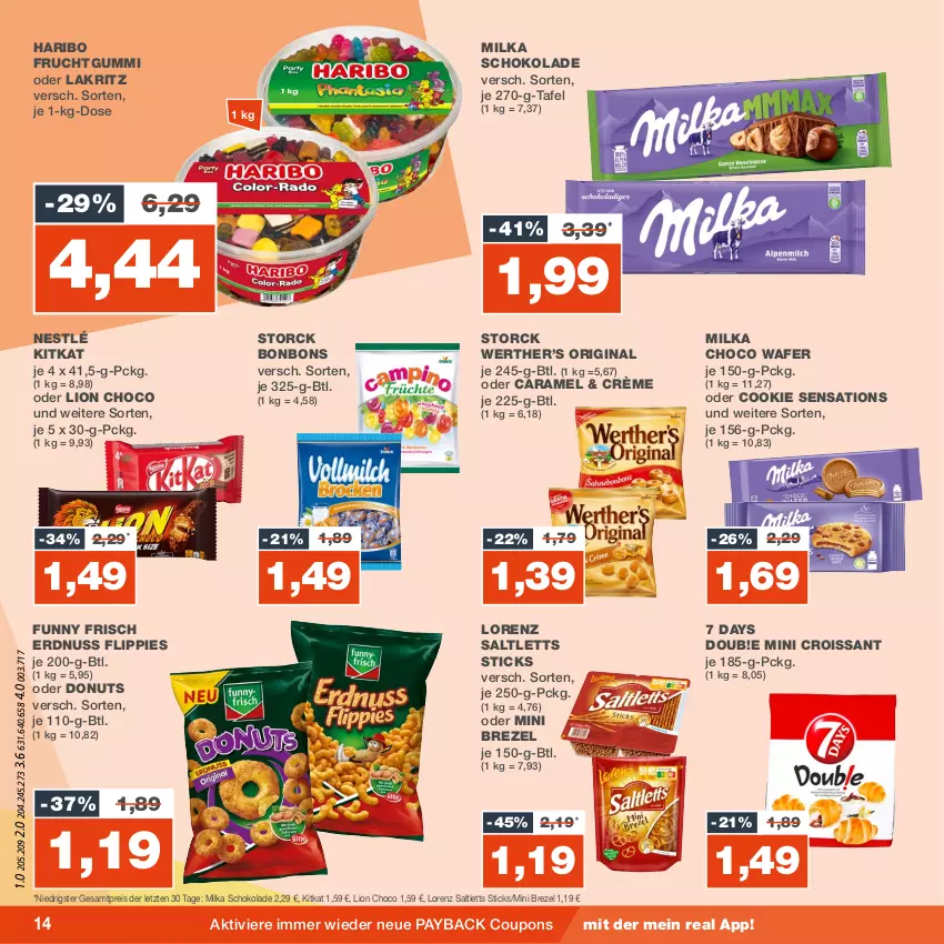 Aktueller Prospekt Real - von 04.09 bis 09.09.2023 - strona 14 - produkty: bonbons, brezel, caramel, cookie, coupon, coupons, Croissant, Donut, donuts, eis, erdnuss, flippies, frucht, fruchtgummi, Funny Frisch, gin, haribo, kitkat, Lakritz, lion, lorenz, milka, milka schokolade, nestlé, nuss, oder lakritz, payback, reis, saltletts, schoko, schokolade, sensations, storck, Ti, ZTE