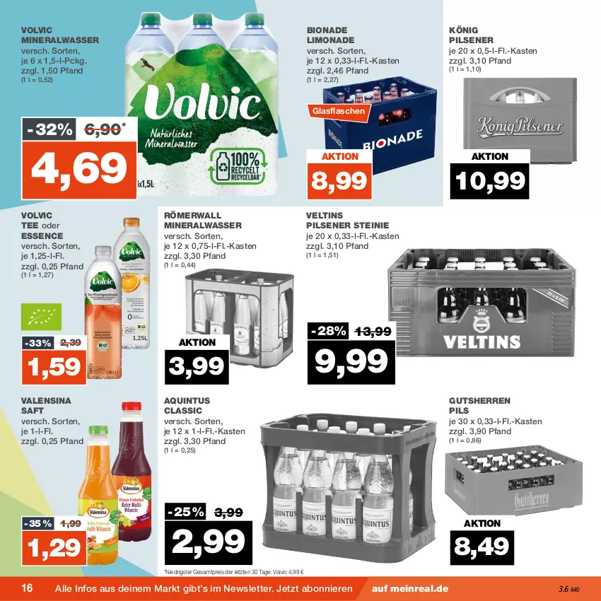 Aktueller Prospekt Real - von 04.09 bis 09.09.2023 - strona 16 - produkty: Alwa, bio, bionade, eis, flasche, glasflasche, könig pilsener, limo, limonade, mineralwasser, pils, pilsener, reis, saft, tee, Ti, valensina, veltins, veltins pilsener, volvic, wasser, ZTE