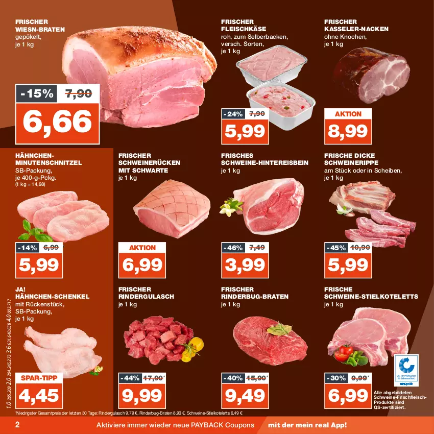 Aktueller Prospekt Real - von 04.09 bis 09.09.2023 - strona 2 - produkty: braten, coupon, coupons, eis, fleisch, fleischkäse, gulasch, hähnchen-schenkel, henkel, HP, Käse, kasseler, kotelett, minutenschnitzel, payback, reis, rind, rinder, rindergulasch, schenkel, schnitzel, schwein, schweine, schweinerücken, Ti, wein, weine, ZTE