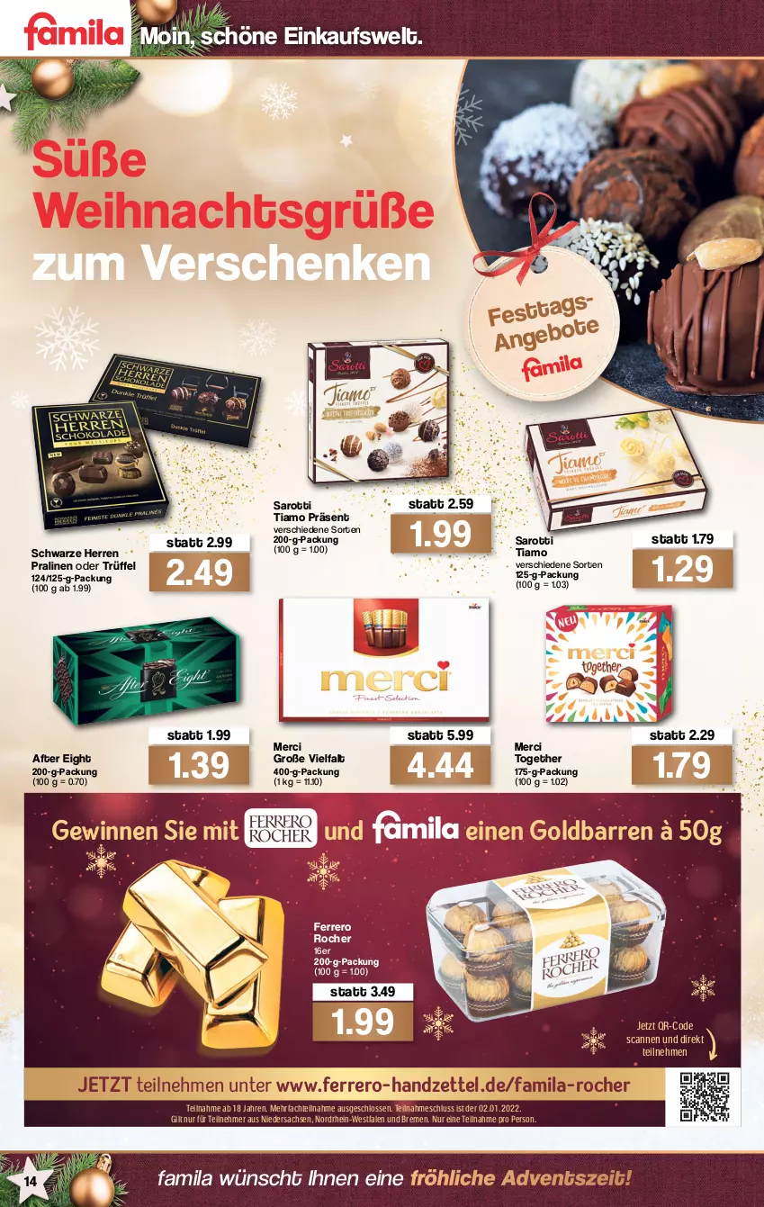 Aktueller Prospekt Famila - Prospekte - von 13.12 bis 18.12.2021 - strona 16 - produkty: after eight, ferrero, Ferrero Rocher, merci, pralinen, sac, saro, sarotti, Ti, Trüffel