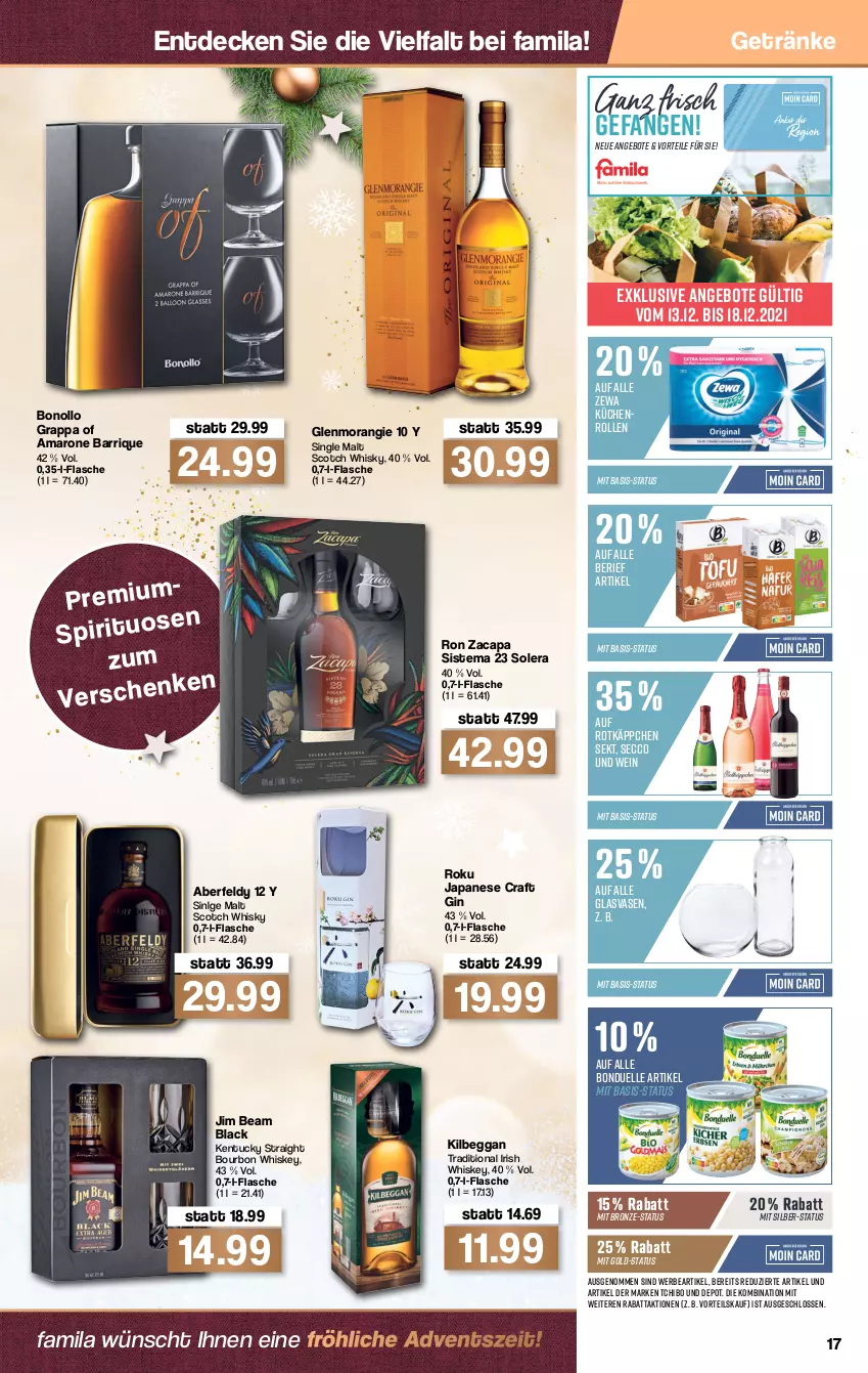 Aktueller Prospekt Famila - Prospekte - von 13.12 bis 18.12.2021 - strona 19 - produkty: amaro, angebot, angebote, bonduelle, bourbon, bourbon whiskey, Cap, decke, ecco, elle, flasche, getränk, getränke, gin, grappa, irish whiskey, jim beam, kentucky straight, kilbeggan, küche, Küchen, küchenrolle, küchenrollen, lack, LG, rotkäppchen, scotch, scotch whisky, sekt, single malt, Tchibo, Ti, tuc, Vase, wein, whiskey, whisky, zewa