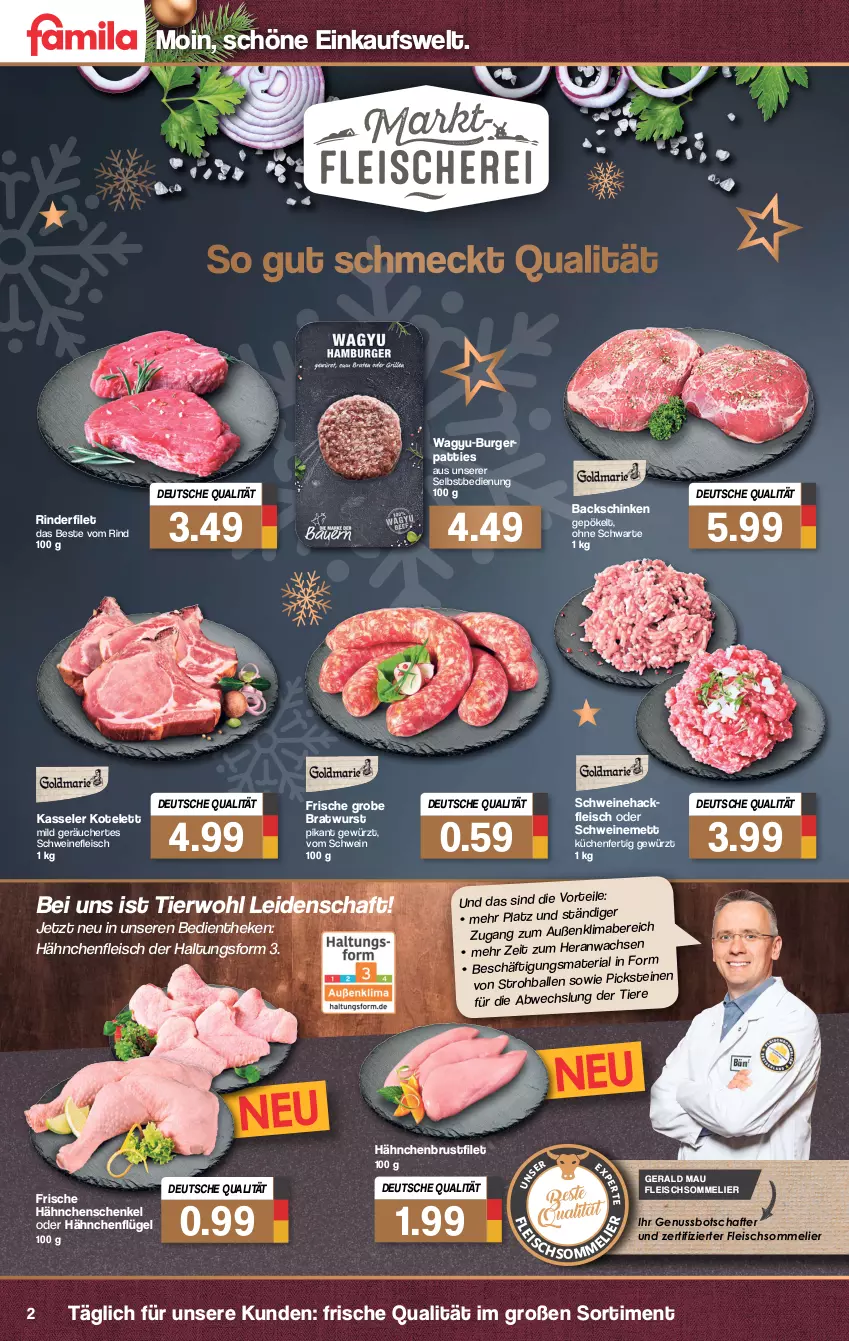 Aktueller Prospekt Famila - Prospekte - von 13.12 bis 18.12.2021 - strona 2 - produkty: ball, bratwurst, brustfilet, burger, eis, filet, fleisch, fleischsommelier, Frische Hähnchen, gewürz, grobe bratwurst, hackfleisch, hähnchenbrust, hähnchenbrustfilet, Hähnchenfleisch, hähnchenflügel, hähnchenschenkel, henkel, kasseler, kotelett, küche, Küchen, Mett, nuss, rind, rinder, rinderfilet, schenkel, schinken, schwein, schweine, schweinefleisch, Schweinehackfleisch, schweinemett, Ti, wein, weine, wurst