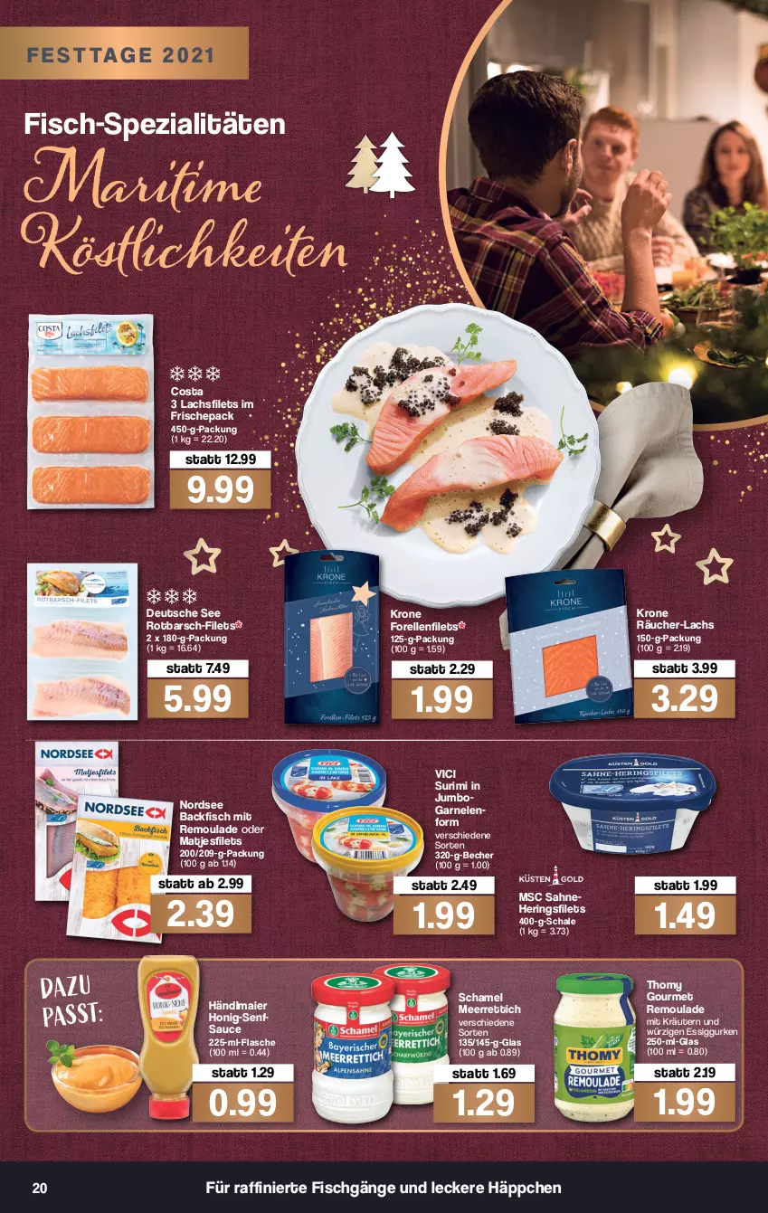 Aktueller Prospekt Famila - Prospekte - von 13.12 bis 18.12.2021 - strona 22 - produkty: backfisch, Becher, elle, essig, filet, filets, fisch, flasche, forelle, garnelen, gurke, gurken, händlmaier, hering, Herings, heringsfilets, honig, Honig-Senf, jumbo, kräuter, kräutern, krone, lachs, lachsfilet, lachsfilets, matjes, Matjesfilet, matjesfilets, meerrettich, Nordsee, rel, remoulade, Rettich, ring, Rotbarsch, sahne, sauce, Schal, Schale, schamel, senf, Spezi, thomy, Ti