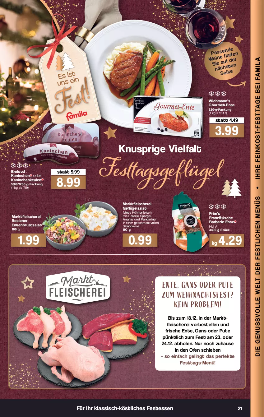 Aktueller Prospekt Famila - Prospekte - von 13.12 bis 18.12.2021 - strona 23 - produkty: ananas, Bref, creme, eis, elle, ente, Entenbrust, fleisch, Fleischerei, Geflügel, geflügelsalat, hühner, Kaninchenkeule, mac, mandarine, mandarinen, nerf, Ofen, pute, salat, salatcreme, Schere, spargel, Ti