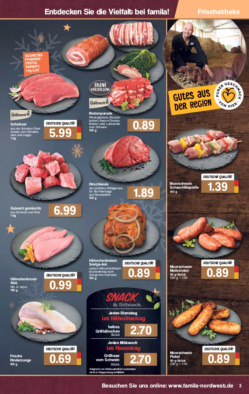 Aktueller Prospekt Famila - Prospekte - von 13.12 bis 18.12.2021 - strona 3 - produkty: axe, bacon, Bau, braten, brustfilet, decke, eier, eis, Elan, filet, fleisch, grill, grillhähnchen, grillhaxe, gulasch, hähnchenbrust, hähnchenbrustfilet, Hähnchenfleisch, Haxe, küche, Küchen, lachs, Lachsrolle, Mett, metten, Mettenden, natur, nuss, rind, rinder, Rinderzunge, Schal, Schale, schnitzel, schwein, schwein und rind, Ti, wein, Wild, Wirsing