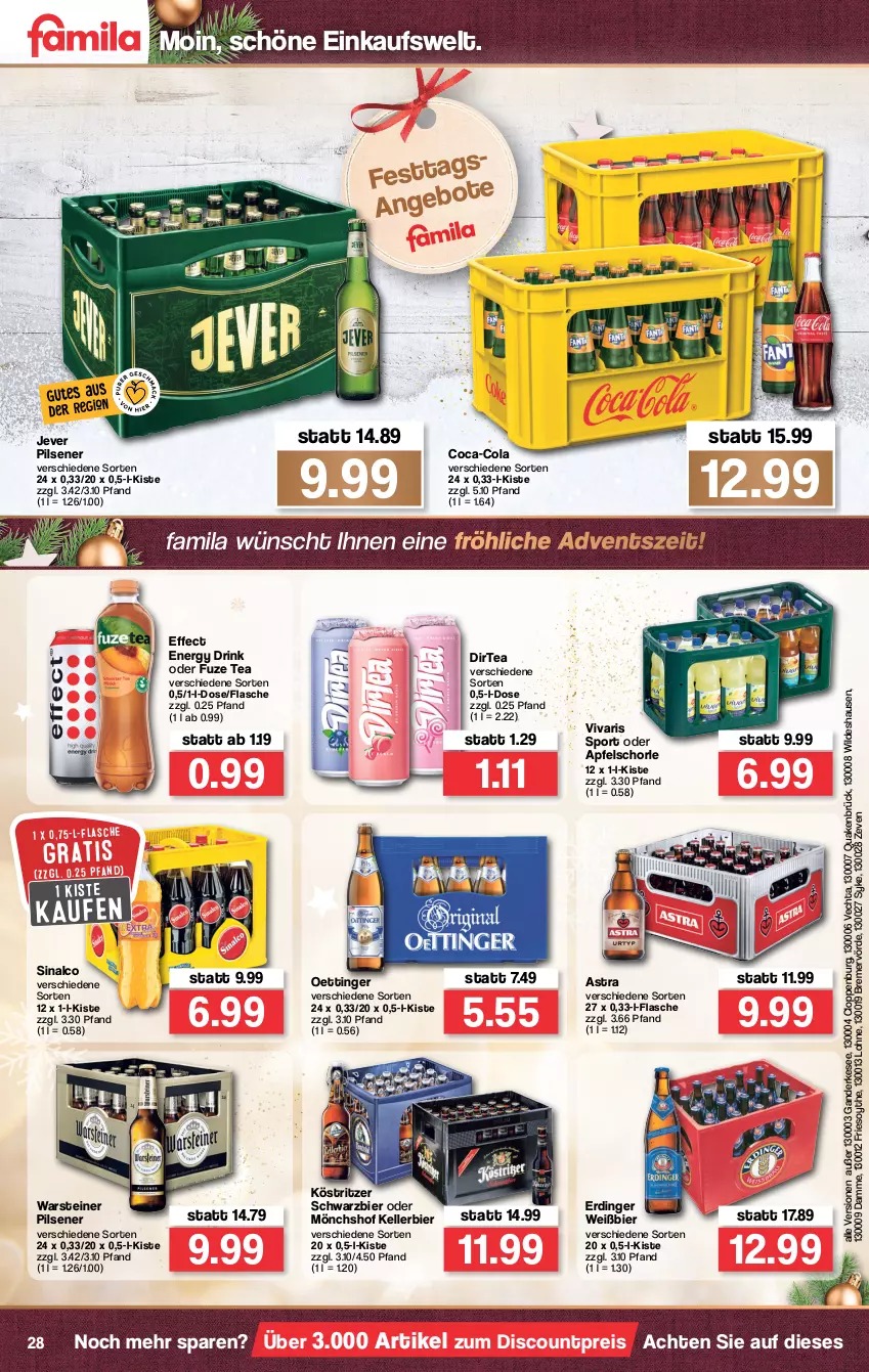 Aktueller Prospekt Famila - Prospekte - von 13.12 bis 18.12.2021 - strona 30 - produkty: apfel, Apfelschorle, Astra, bier, coca-cola, cola, discount, drink, Effect, eis, elle, energy drink, erdinger, flasche, fuze tea, jever, jever pilsener, kellerbier, köstritzer, mönchshof, oettinger, pils, pilsener, reis, schorle, sinalco, Sport, steiner, Ti, Vivaris, warsteiner, Wild