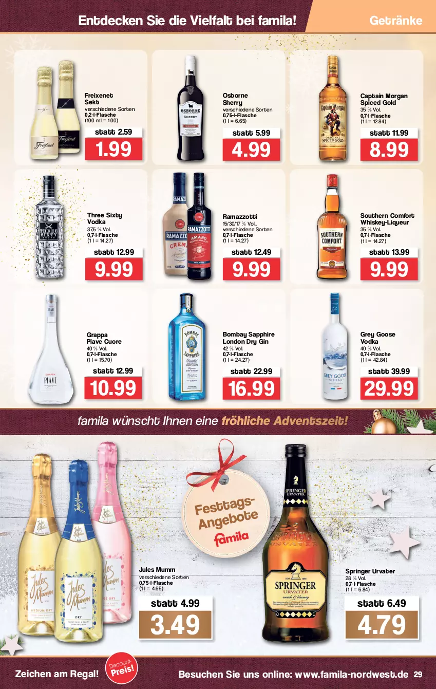 Aktueller Prospekt Famila - Prospekte - von 13.12 bis 18.12.2021 - strona 31 - produkty: bombay sapphire, Cap, captain morgan, decke, dry gin, flasche, freixenet, getränk, getränke, gin, grappa, jules mumm, liqueur, london dry, london dry gin, mumm, osborne, rama, ramazzott, ramazzotti, regal, ring, sapphire, sekt, Southern Comfort, Three Sixty, Ti, urvater, vodka, whiskey, zott