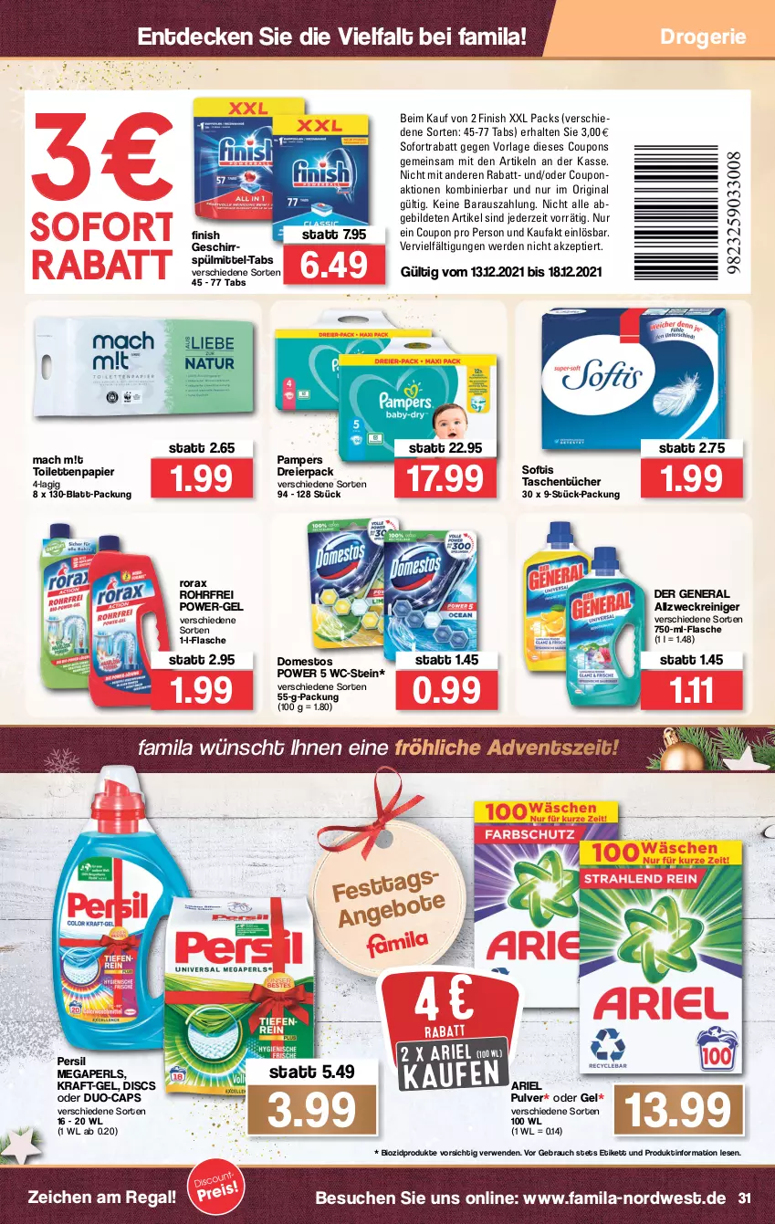 Aktueller Prospekt Famila - Prospekte - von 13.12 bis 18.12.2021 - strona 33 - produkty: Abba, allzweckreiniger, ariel, bio, biozidprodukte, Cap, coupon, coupons, decke, domestos, duo-caps, eier, erde, Finish, flasche, geschirr, gin, kraft, mac, megaperls, pampers, papier, persil, power-gel, Rauch, regal, reiniger, rorax, rwe, sofortrabatt, spülmittel, Tasche, taschen, taschentücher, Ti, toilettenpapier, tücher, weck