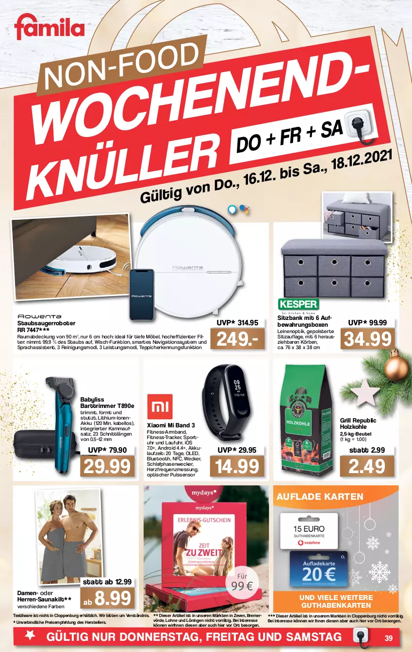 Aktueller Prospekt Famila - Prospekte - von 13.12 bis 18.12.2021 - strona 41 - produkty: akku, Armband, aufbewahrungsbox, BaByliss, Bank, beutel, eis, elle, ente, Fitness-Tracker, grill, guthabenkarte, Holz, holzkohle, leine, mab, möbel, Reinigung, reis, Saunakilt, Sitzauflage, sitzbank, Sport, staubsauger, teller, teppich, teppiche, Ti, tisch, uhr, weck