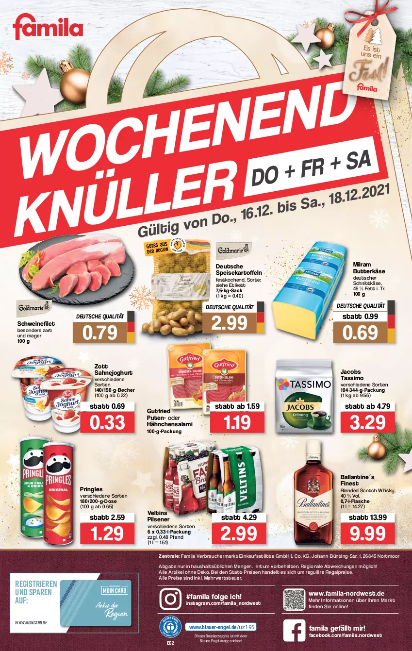 Aktueller Prospekt Famila - Prospekte - von 13.12 bis 18.12.2021 - strona 42 - produkty: auer, ball, Becher, blended scotch, blended scotch whisky, butter, butterkäse, deutscher schnittkäse, drucker, eis, Engel, filet, flasche, gutfried, jacobs, jacobs tassimo, joghur, joghurt, kartoffel, kartoffeln, Käse, kerze, LG, milram, pils, pilsener, pringles, pute, Rauch, regal, reis, ring, rwe, sac, sahne, Sahnejoghurt, salami, schnittkäse, schwein, schweine, schweinefilet, scotch, scotch whisky, sim, speisekartoffeln, tassimo, Ti, veltins, veltins pilsener, wein, weine, whisky, zott