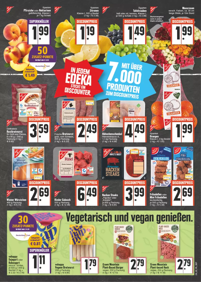 Aktueller Prospekt E Center - Angebote der Woche - von 27.06 bis 02.07.2022 - strona 7 - produkty: angebot, beutel, bratwurst, discount, eis, ente, fleisch, gulasch, hähnchenschenkel, henkel, küche, Küchen, Nektar, nektarinen, orange, orangen, pfirsich, pfirsiche, pfirsiche oder, reis, rind, rinder, rosen, Schal, Schale, schenkel, schwein, tee, Ti, wein, wiener, wiener würstchen, wurst, würstchen