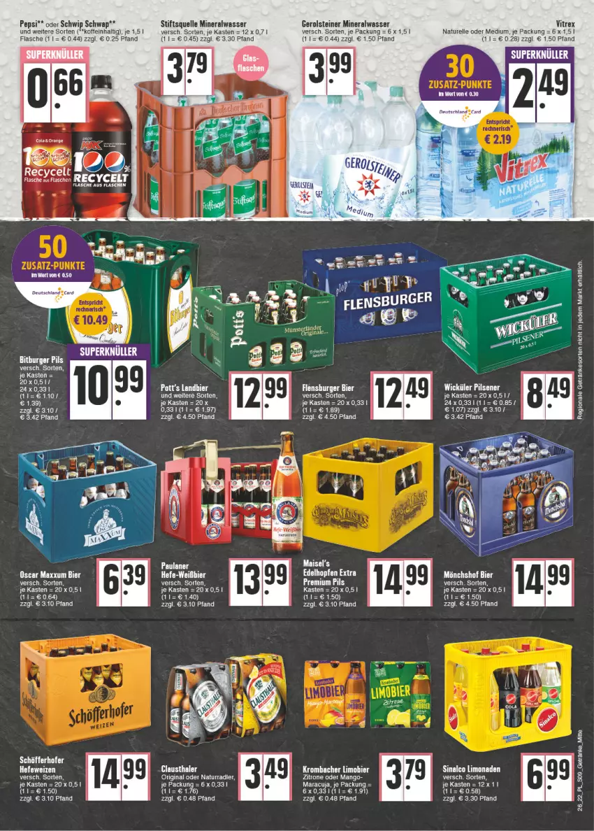 Aktueller Prospekt E Center - Angebote der Woche - von 27.06 bis 02.07.2022 - strona 9 - produkty: Alwa, aust, bier, clausthaler, cola, elle, ente, flasche, gerolsteine, gerolsteiner, getränk, getränke, gin, Hefe, hefeweizen, limo, limonade, limonaden, mais, mango, maracuja, mineralwasser, mönchshof, natur, orange, pepsi, pils, pilsener, radler, rel, Schwip Schwap, sinalco, steiner, Ti, vitrex, wasser, WICK, zitrone