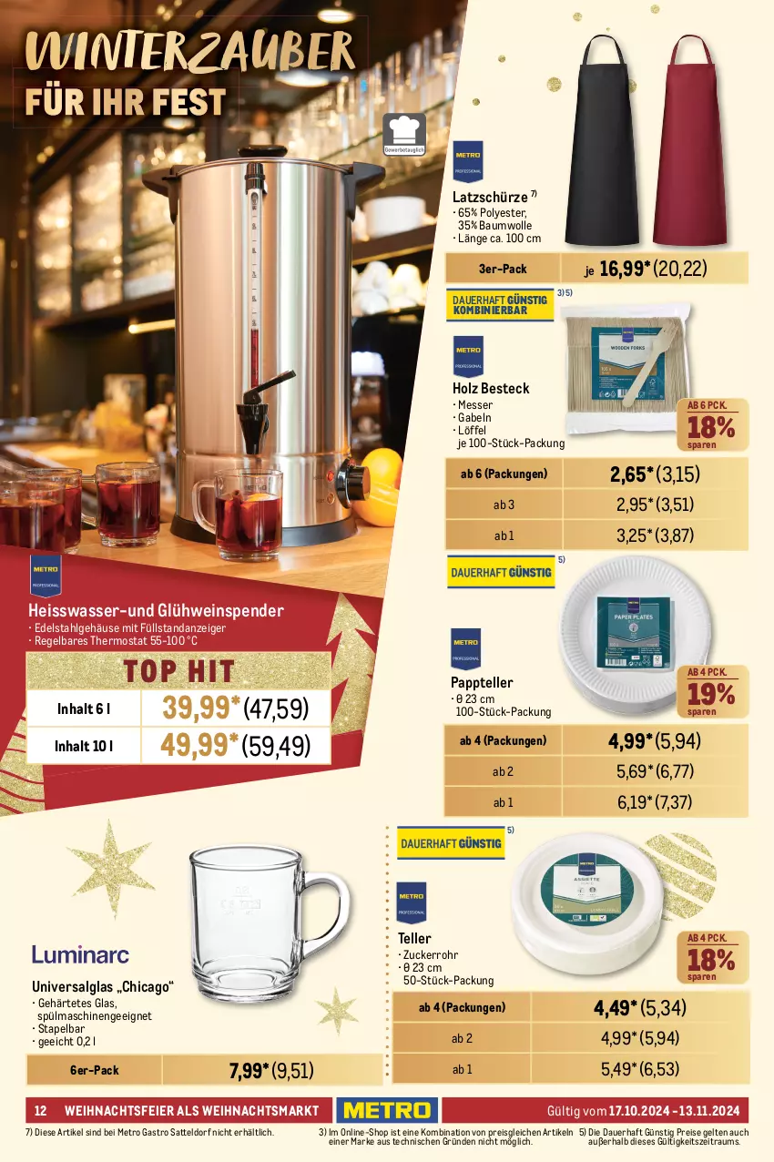 Aktueller Prospekt Metro - Weihnachtsküche - von 17.10 bis 13.11.2024 - strona 12 - produkty: auer, Bau, baumwolle, besteck, bratpfanne, Brei, edelstahl, eier, eis, elle, gabel, Gasbräter, Glühwein, grill, grillfläche, hocker, Holz, HP, Kocher, lack, latte, LG, Löffel, maille, messer, Metro, metro gastro, pfanne, reis, sattel, schlauch, Schürze, spülmaschinen, teller, thermostat, Ti, tisch, tischplatte, wasser, wein, wolle, zucker