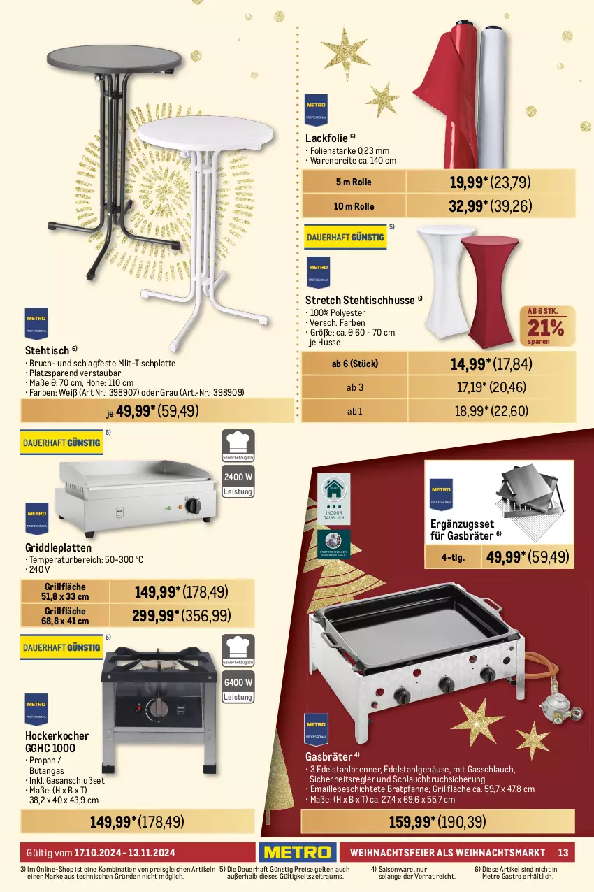 Aktueller Prospekt Metro - Weihnachtsküche - von 17.10 bis 13.11.2024 - strona 13 - produkty: auer, Bau, baumwolle, besteck, bratpfanne, Brei, edelstahl, eier, eis, elle, gabel, Gasbräter, Glühwein, grill, grillfläche, hocker, Holz, HP, Kocher, lack, latte, LG, Löffel, maille, messer, Metro, metro gastro, pfanne, reis, sattel, schlauch, Schürze, spülmaschinen, teller, thermostat, Ti, tisch, tischplatte, wasser, wein, wolle, zucker