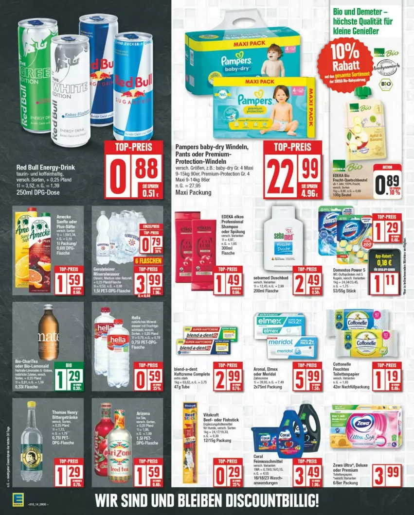 Aktueller Prospekt Edeka - Prospekte - von 02.03 bis 09.03.2024 - strona 14 - produkty: baby-dry, Bad, beef, beutel, bio, cottonelle, deka, domestos, drink, duschbad, elkos, elle, elmex, flasche, frucht, kokos, kraft, leine, meridol, pampers, Pants, papier, quetschbeutel, red bull, sebamed, shampoo, spülung, Ti, toilettenpapier, vita, vitakraft, windeln