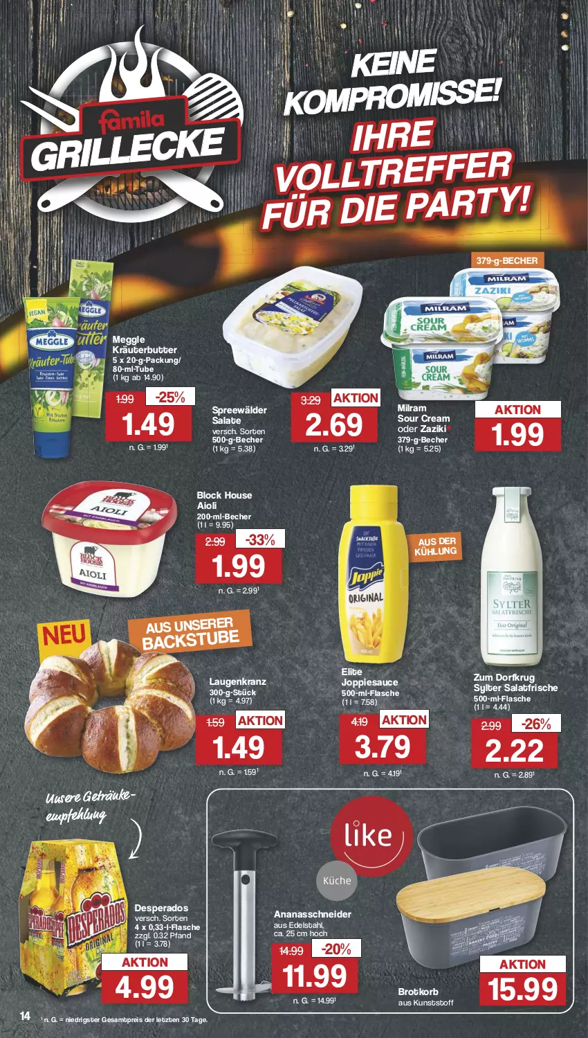 Aktueller Prospekt Famila - Prospekte - von 10.06 bis 15.06.2024 - strona 14 - produkty: aioli, ananas, Becher, brot, Brotkorb, butter, desperados, edelstahl, eis, flasche, getränk, getränke, grill, korb, Kranz, kräuter, kräuterbutter, meggle, milram, reis, salat, salate, sauce, sour cream, spreewälder, stube, Sylter, Ti, zaziki, ZTE, Zum Dorfkrug