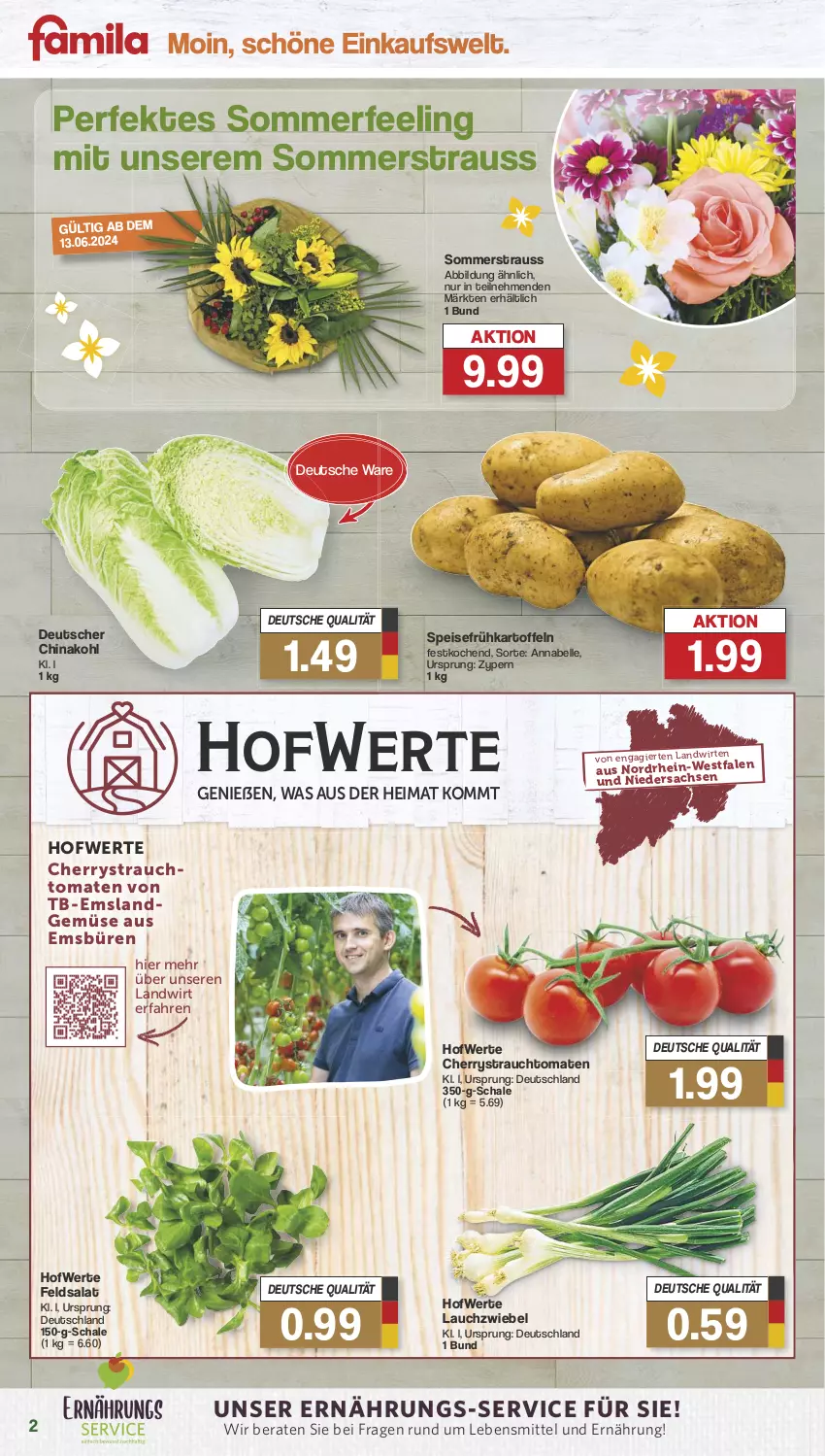 Aktueller Prospekt Famila - Prospekte - von 10.06 bis 15.06.2024 - strona 2 - produkty: eis, elle, feldsalat, Frühkartoffeln, kartoffel, kartoffeln, Lauchzwiebel, lebensmittel, Rauch, sac, salat, Schal, Schale, speisefrühkartoffeln, strauchtomaten, Ti, tomate, tomaten, zwiebel