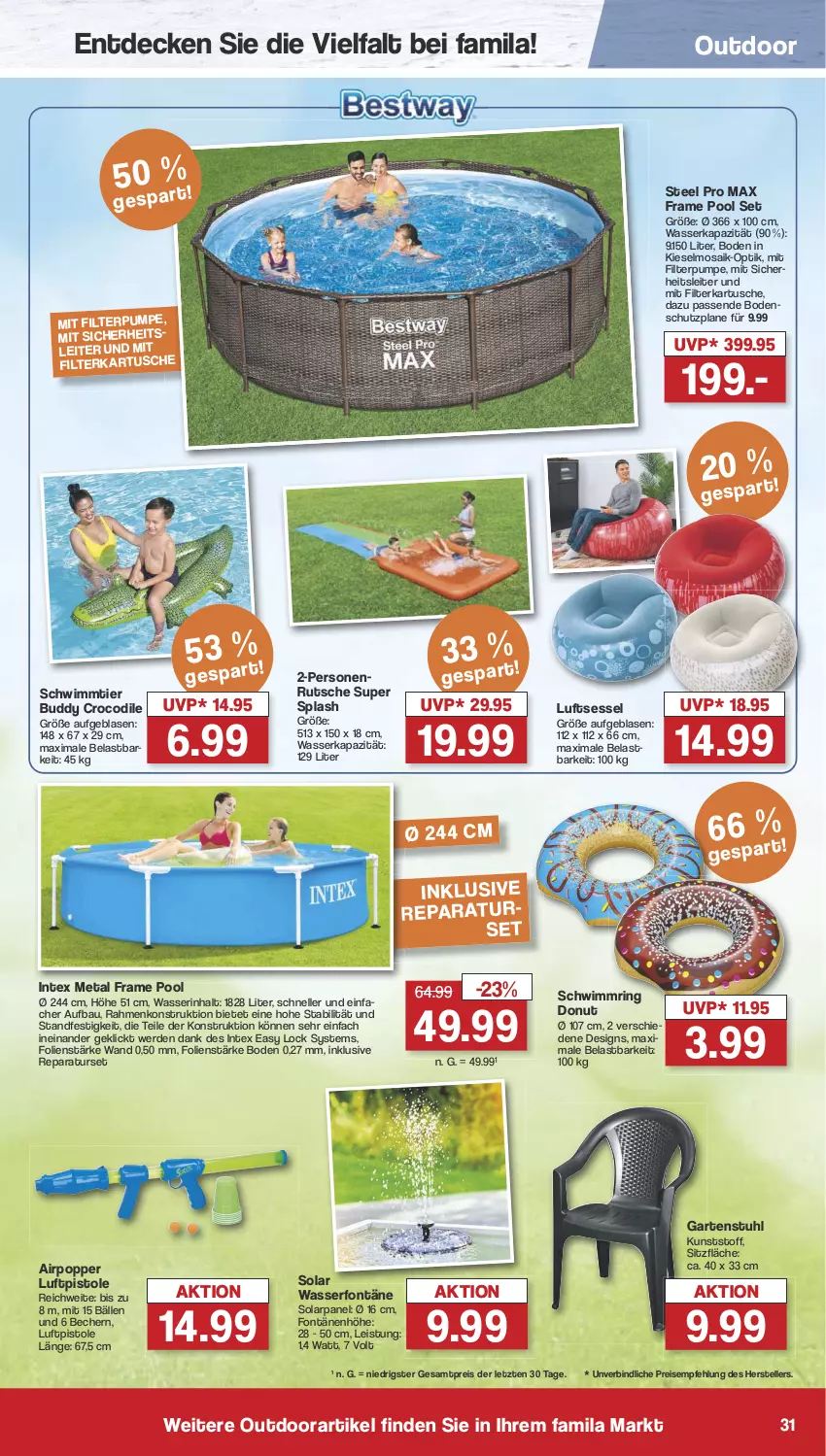 Aktueller Prospekt Famila - Prospekte - von 10.06 bis 15.06.2024 - strona 31 - produkty: Bau, Becher, decke, Donut, eis, elle, erde, Garten, gartenstuhl, pool, Popp, reis, ring, schwimmring, sessel, steel pro, stuhl, tee, teller, Ti, wasser, ZTE