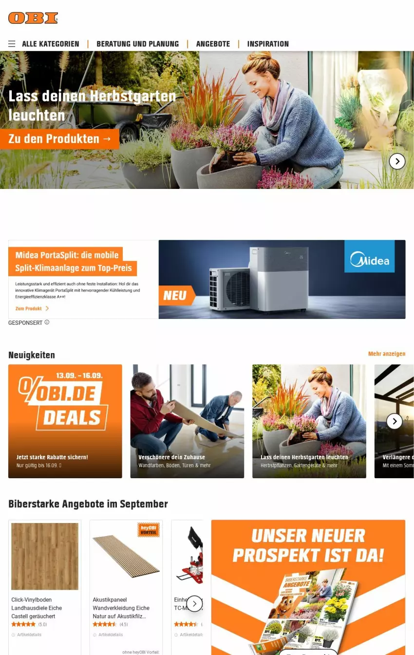 Aktueller Prospekt Obi - Prospekte - von 17.09 bis 25.09.2024 - strona 1 - produkty: angebot, angebote, eis, Garten, kleid, Kleidung, klimagerät, landhausdiele, LG, natur, paneel, Ti, vinylboden