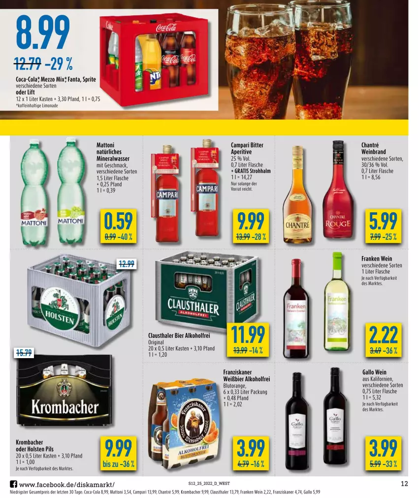 Aktueller Prospekt Diska - Prospekte - von 20.06 bis 25.06.2022 - strona 12 - produkty: alkohol, Alwa, aust, bier, Blutorange, campari, clausthaler, coca-cola, cola, eis, fanta, flasche, franziskaner, gallo, gin, holsten, krombache, krombacher, limo, limonade, mac, Mezzo Mix, mineralwasser, orange, pils, reis, sprite, Ti, wasser, wein, weinbrand, ZTE