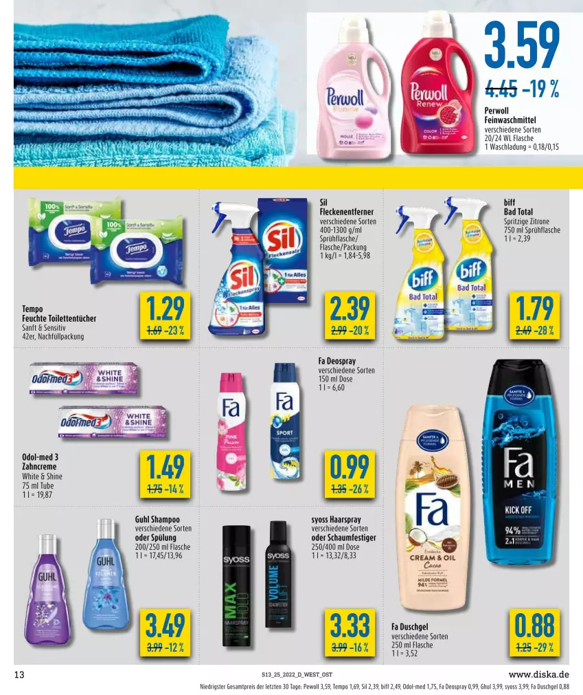 Aktueller Prospekt Diska - Prospekte - von 20.06 bis 25.06.2022 - strona 13 - produkty: Bad, biff, creme, deo, deospray, duschgel, eis, fa duschgel, feinwaschmittel, flasche, Fleckenentferner, Guhl, haarspray, oder schaumfestiger, Odol, Odol-med 3, perwoll, reis, schaumfestiger, shampoo, sprühflasche, spülung, syoss, Tempo, Ti, tücher, waschmittel, Yo, zitrone, ZTE