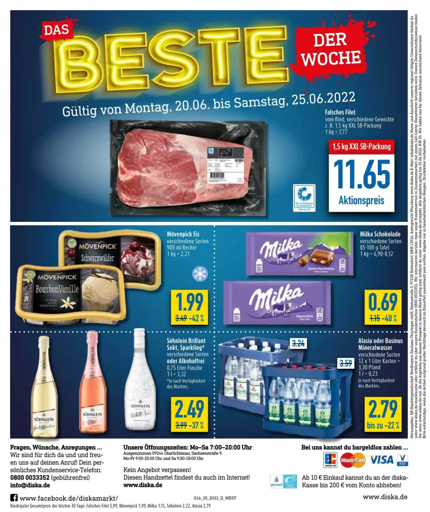 Aktueller Prospekt Diska - Prospekte - von 20.06 bis 25.06.2022 - strona 16 - produkty: aktionspreis, Alwa, angebot, angebote, Astra, Becher, deka, eis, ente, Falsches Filet, filet, flasche, mam, milka, milka schokolade, mineralwasser, mövenpick, reis, Ria, rind, ring, sac, schoko, schokolade, sekt, söhnlein, telefon, Ti, uhr, wasser, ZTE