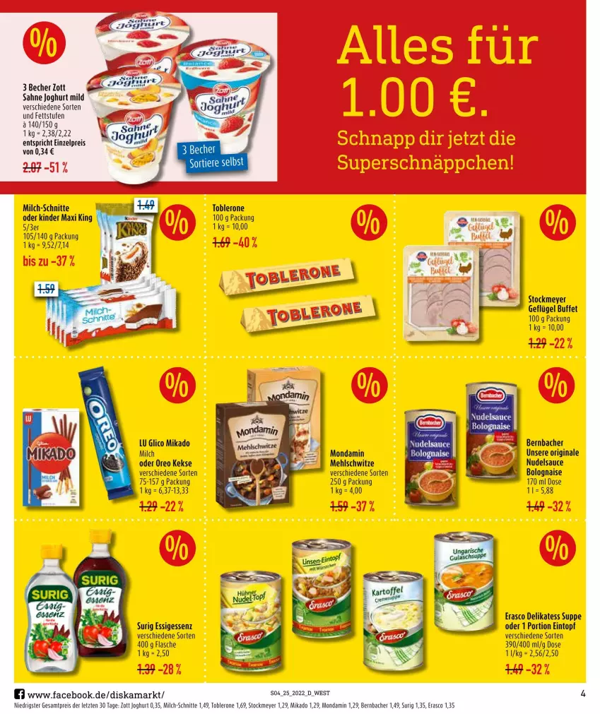 Aktueller Prospekt Diska - Prospekte - von 20.06 bis 25.06.2022 - strona 4 - produkty: Becher, bernbacher, eintopf, eis, erasco, essig, flasche, Geflügel, gin, joghur, joghurt, joghurt mild, keks, kekse, Kinder, mehl, mikado, milch, milch-schnitte, mondamin, nudel, oreo, reis, sahne, sahne joghurt, sauce, stockmeyer, suppe, Ti, toblerone, topf, zott, ZTE