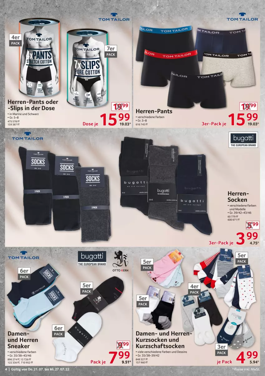 Aktueller Prospekt Selgros - Nonfood - von 21.07 bis 27.07.2022 - strona 4 - produkty: bugatti, dell, elle, herren-pants, Kurzschaftsocken, Mode, Otto kern, Pants, slip, slips, sneaker, socken, Ti, tom tailor