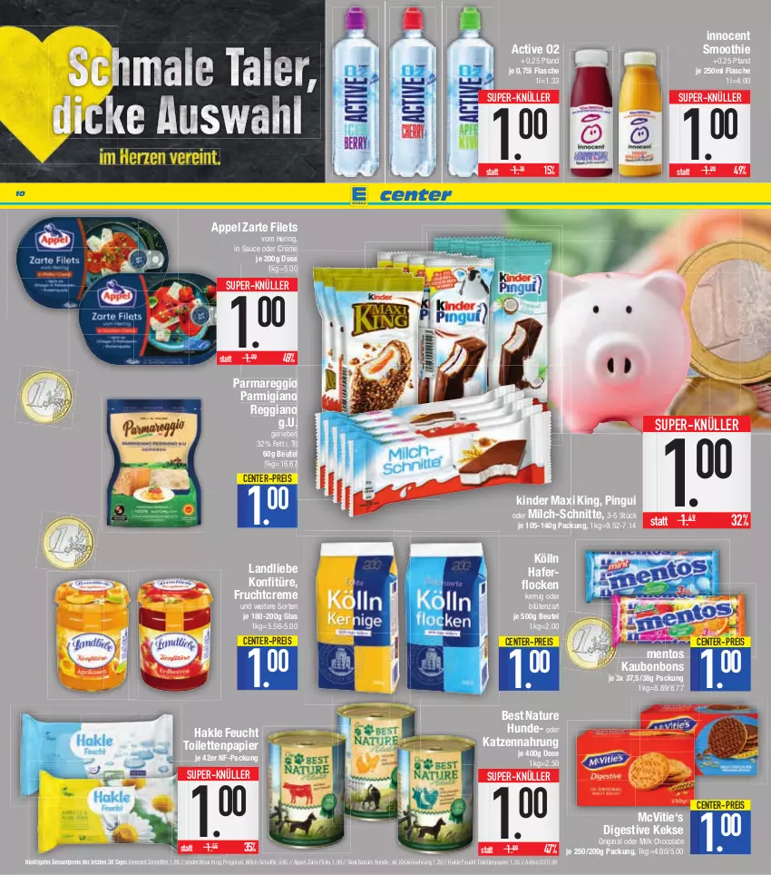 Aktueller Prospekt E Center - Angebote der Woche - von 27.02 bis 04.03.2023 - strona 10 - produkty: beutel, Blüte, bonbons, cola, creme, eis, ente, filet, filets, flasche, frucht, gin, hafer, haferflocken, hakle, hering, Innocent, katzennahrung, keks, kekse, Kinder, Kinder Maxi, kinder maxi king, kölln, konfitüre, landliebe, mentos, milch, milch-schnitte, natur, papier, parmigiano, parmigiano reggiano, pingui, reggiano, reis, ring, sauce, smoothie, super-knüller, Ti, toilettenpapier, ZTE