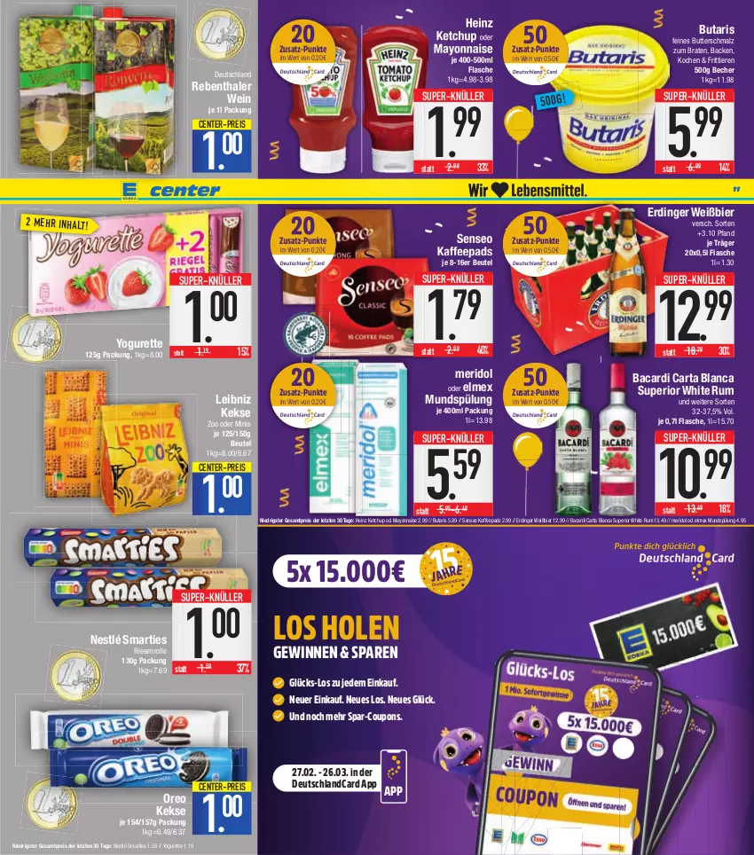 Aktueller Prospekt E Center - Angebote der Woche - von 27.02 bis 04.03.2023 - strona 11 - produkty: bacardi, Becher, beutel, bier, braten, butter, Butterschmalz, coupon, coupons, deutschlandcard, eis, elmex, ente, erdinger, flasche, heinz, kaffee, kaffeepads, keks, kekse, ketchup, leibniz, malz, mayonnaise, meridol, mundspülung, nestlé, oreo, reis, rum, Schmalz, senseo, smarties, spülung, super-knüller, Ti, Tiere, wein, white rum, Yo, yogurette, ZTE