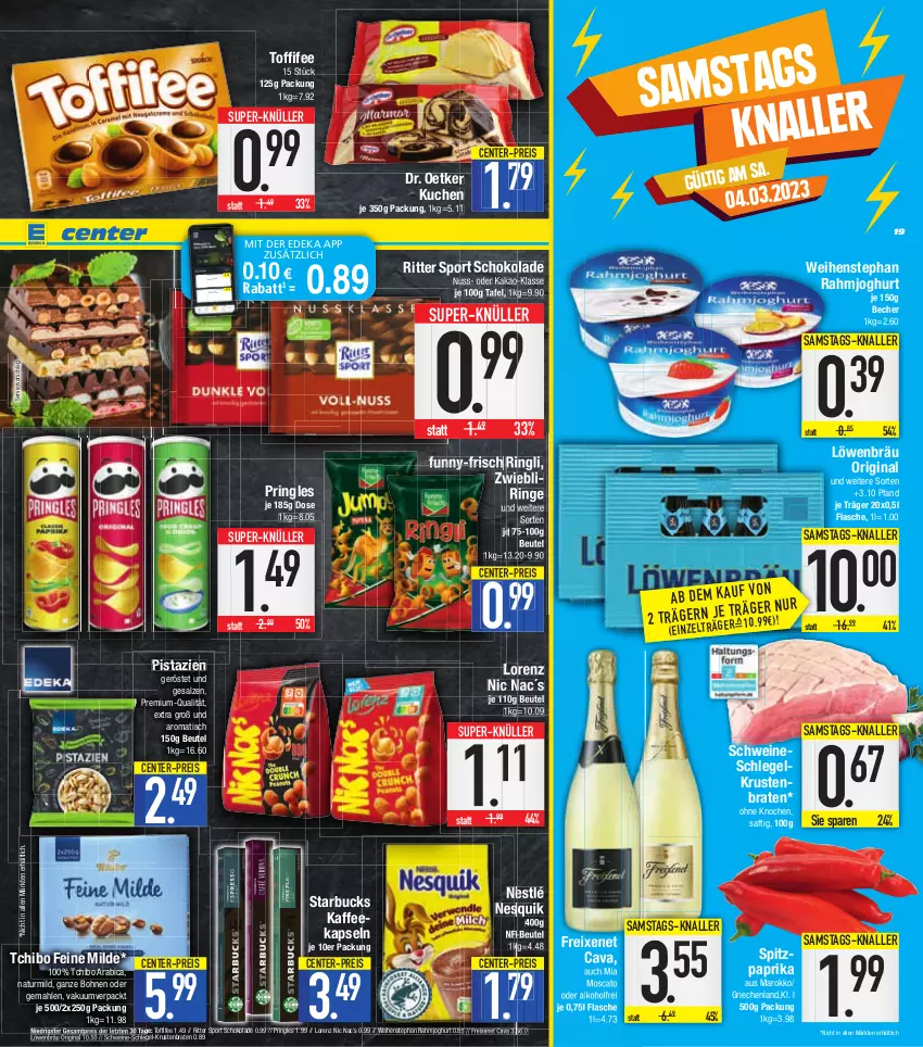 Aktueller Prospekt E Center - Angebote der Woche - von 27.02 bis 04.03.2023 - strona 19 - produkty: alkohol, Becher, beutel, bohne, bohnen, braten, Cava, coupon, deka, Dr. Oetker, eis, ente, flasche, freixenet, funny-frisch, gin, joghur, joghurt, kaffee, kaffeekapseln, kakao, krustenbraten, kuchen, lorenz, natur, nesquik, nestlé, nuss, paprika, pistazien, pringles, rahmjoghurt, reis, ring, ritter, ritter sport, saft, salz, schoko, schokolade, schwein, schweine, Spitzpaprika, Sport, starbucks, super-knüller, Tchibo, Ti, tisch, toffifee, weihenstephan, wein, weine, ZTE