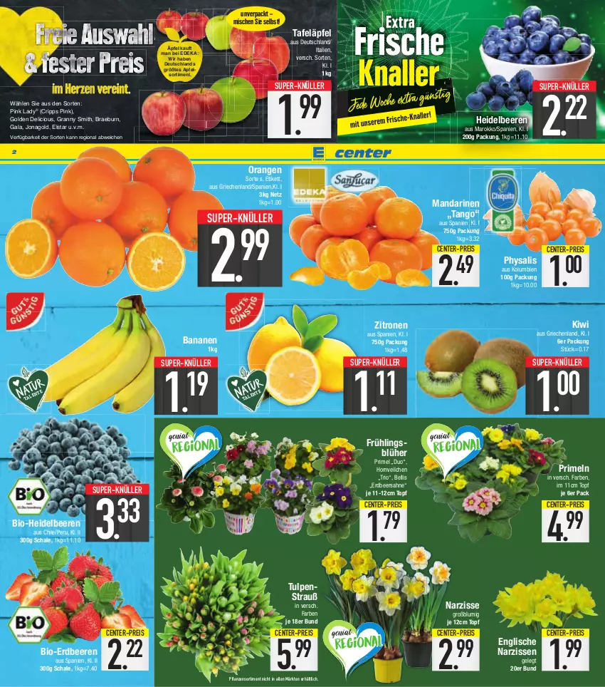 Aktueller Prospekt E Center - Angebote der Woche - von 27.02 bis 04.03.2023 - strona 2 - produkty: apfel, banane, bananen, beere, beeren, bio, deka, eis, ente, erdbeere, erdbeeren, heidelbeere, heidelbeeren, kiwi, mandarine, mandarinen, Narzissen, orange, orangen, pflanze, pflanzen, Physalis, Pink Lady, Primeln, reis, sahne, Schal, Schale, super-knüller, tafeläpfel, Ti, topf, zitrone, zitronen