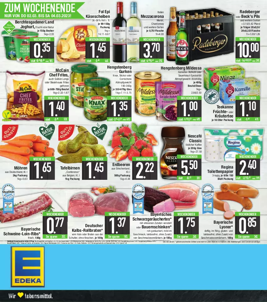 Aktueller Prospekt E Center - Angebote der Woche - von 27.02 bis 04.03.2023 - strona 20 - produkty: auer, Bau, Bauer, Bauernschinken, Becher, beere, beeren, Berger, beutel, Birnen, braten, chardonnay, corona, eis, erdbeere, erdbeeren, flasche, fol epi, frucht, früchte, gin, Golden Longs, gurke, gurken, hengstenberg, Hengstenberg Gurken, joghur, joghurt, kaffee, Käse, käsescheiben, Kraut, kräuter, lebensmittel, LG, löslicher kaffee, lyoner, mac, mccain, merl, merlot, mezzacorona, möhren, natur, Nescafé, oder kräuter, papier, pils, radeberger, reis, ring, rollbraten, rotkohl, Sauerkraut, schinken, schwein, schweine, Spezi, steak, tafelbirnen, tee, teekanne, Ti, toilettenpapier, wein, weine, Yo, ZTE