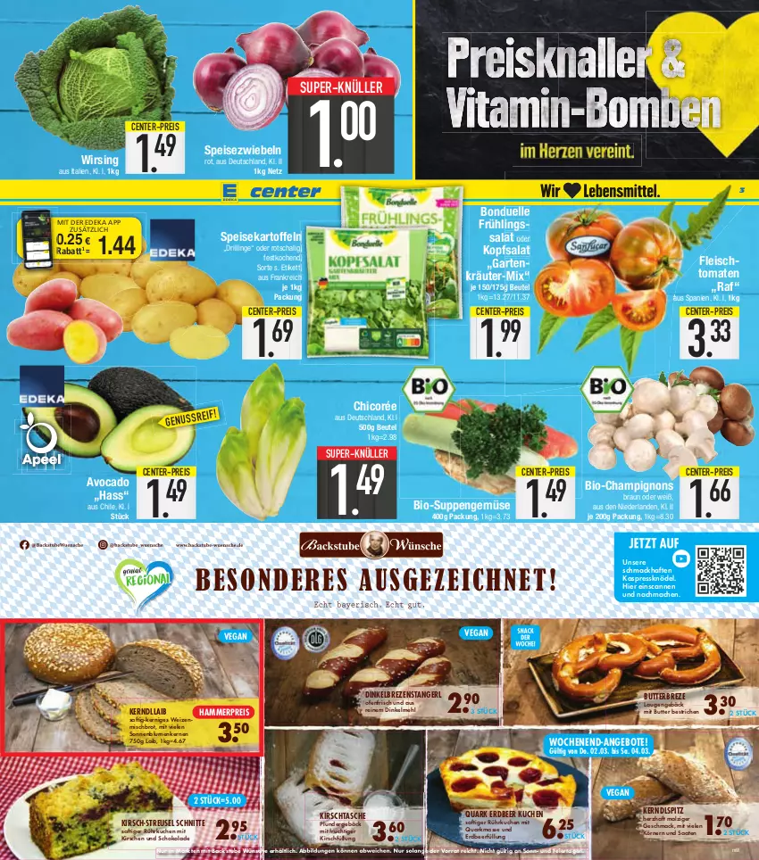 Aktueller Prospekt E Center - Angebote der Woche - von 27.02 bis 04.03.2023 - strona 3 - produkty: angebot, angebote, avocado, beutel, bio, blume, blumen, bonduelle, braun, brot, butter, champignon, champignons, coupon, deka, dinkelmehl, eier, eis, elle, ente, fleisch, frucht, Garten, kartoffel, kartoffeln, kirsch, kirsche, kirschen, Knödel, kopfsalat, kräuter, kuchen, mac, malz, mehl, mit frucht, nuss, Ofen, Plunder, quark, reis, saft, salat, Schal, schoko, schokolade, sonnenblume, sonnenblumen, Sonnenblumenkerne, sonnenblumenkernen, speisekartoffeln, Speisezwiebeln, stube, super-knüller, suppe, suppen, Tasche, Ti, tomate, tomaten, weizenmischbrot, Wirsing, zwiebel, zwiebeln