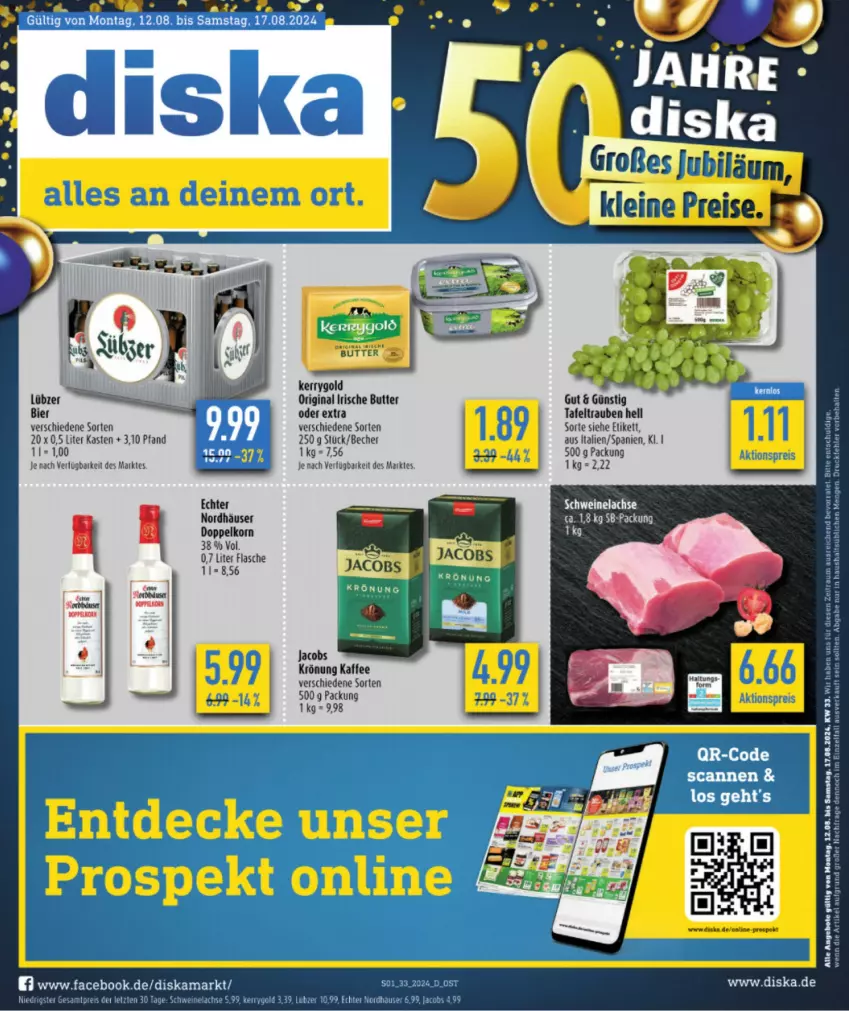 Aktueller Prospekt Diska - von 12.08 bis 17.08.2024 - strona 1 - produkty: bier, butter, doppelkorn, eis, ente, flasche, gin, irische butter, jacobs, jacobs krönung, kaffee, kerrygold, korn, lachs, Lübzer, reis, schwein, schweine, Schweinelachs, tafeltrauben, Ti, trauben, wein, weine, ZTE