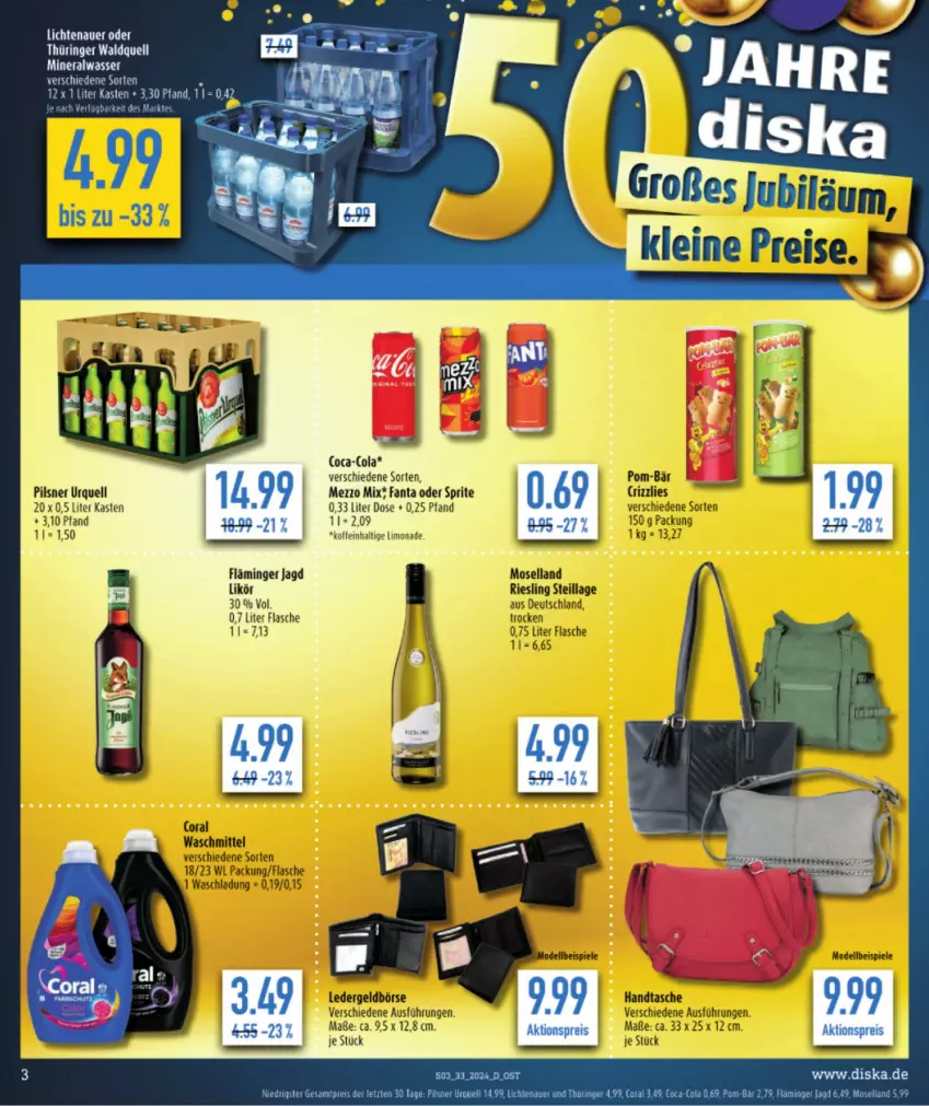 Aktueller Prospekt Diska - von 12.08 bis 17.08.2024 - strona 3 - produkty: Alwa, auer, eis, elle, fanta, fanta oder, fanta oder sprite, flasche, lichtenauer, likör, limo, limonade, mineralwasser, moselland, oder sprite, pils, pilsner, pilsner urquell, reis, ring, sprite, Ti, wasser, ZTE