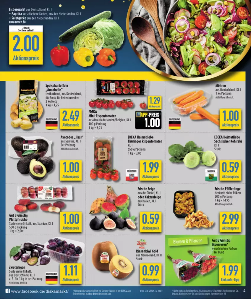 Aktueller Prospekt Diska - von 12.08 bis 17.08.2024 - strona 4 - produkty: aktionspreis, ambia, avocado, avocados, deka, eis, Elan, elle, feinschmecker, gin, gurke, kartoffel, kartoffeln, kiwi, Kiwi Gold, kohlrabi, LG, mini-rispentomaten, nuss, paprika, Pfifferlinge, pfirsich, pfirsiche, plattpfirsiche, reis, ring, rispentomaten, salat, Salatgurke, speisekartoffeln, Ti, Tiere, tomate, tomaten