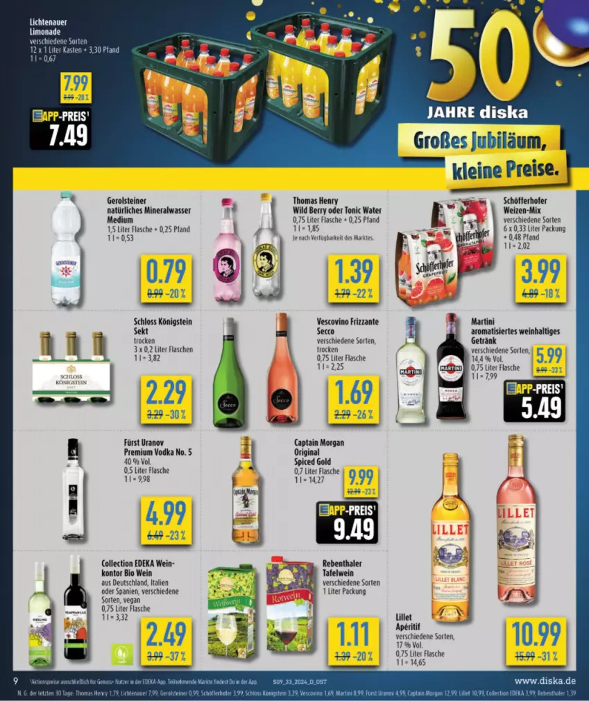 Aktueller Prospekt Diska - von 12.08 bis 17.08.2024 - strona 9 - produkty: Alwa, aperitif, auer, bio, Cap, captain morgan, deka, ecco, eis, flasche, frizzante, gerolsteine, gerolsteiner, getränk, gin, leine, lichtenauer, lillet, limo, limonade, martini, mineralwasser, natürliches mineralwasser, premium vodka, reis, schöfferhofer, sekt, steiner, tee, thomas henry, Ti, tonic, tonic water, vescovino, vodka, wasser, wein, Wild, wild berry, ZTE