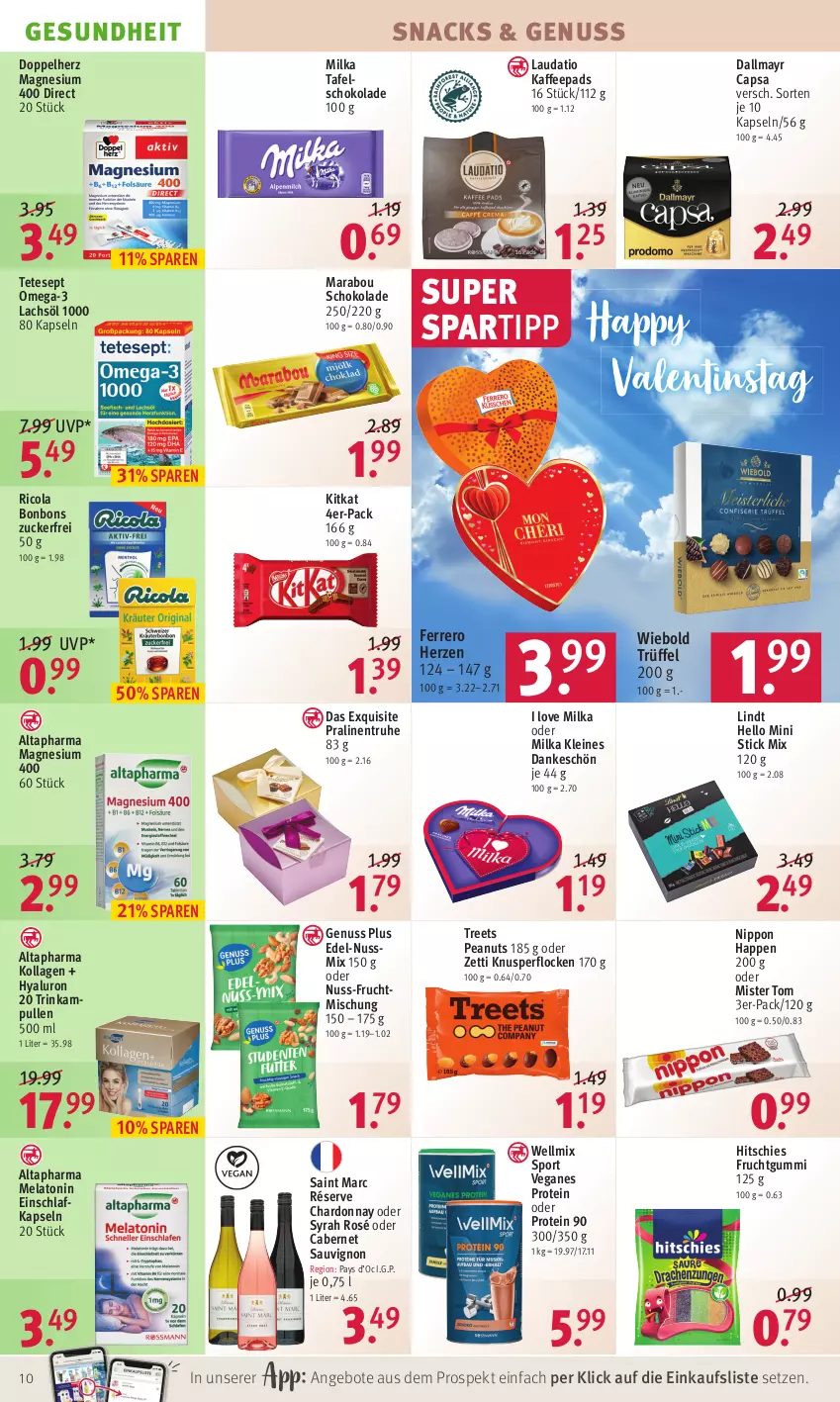 Aktueller Prospekt Rossmann - Prospekte - von 07.02 bis 11.02.2022 - strona 10 - produkty: Altapharma, angebot, angebote, bonbons, cabernet, cabernet sauvignon, Cap, chardonnay, cola, dallmayr, dallmayr capsa, doppelherz, ferrero, frucht, fruchtgummi, Gesundheit, hyaluron, kaffee, kaffeepads, kitkat, Knusperflocken, Kollagen, lachs, leine, lindt, magnesium, magnesium 400, Marabou, milka, nippon, nuss, Nussmix, omega, Omega-3, pralinen, Ricola, sauvignon, schoko, schokolade, snack, snacks, spartipp, Sport, tafelschokolade, Ti, Trüffel, zucker