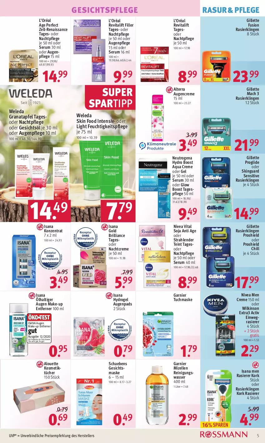 Aktueller Prospekt Rossmann - Prospekte - von 07.02 bis 11.02.2022 - strona 5 - produkty: alouette, alterra, apfel, aqua, Augenpflege, creme, einwegrasierer, eis, elle, feuchtigkeitspflege, garnier, Gesichtsmaske, Gesichtsöl, gesichtspflege, gillette, grana, granatapfel, gsw, isana, kosmetik, Kosmetiktücher, mac, Make-up, Maske, mizellen, Mizellen Reinigungswasser, nachtcreme, nachtpflege, neutrogena, nivea, Nivea Men, Rana, rasierer, Rasierklinge, rasierklingen, Reinigung, reis, Revital, revitalift, rum, sana, Schaebens, Serum, skinguard, soja, spartipp, Tagespflege, teller, Ti, tuc, tücher, tuchmaske, vita, wasser, weleda, wilkinson