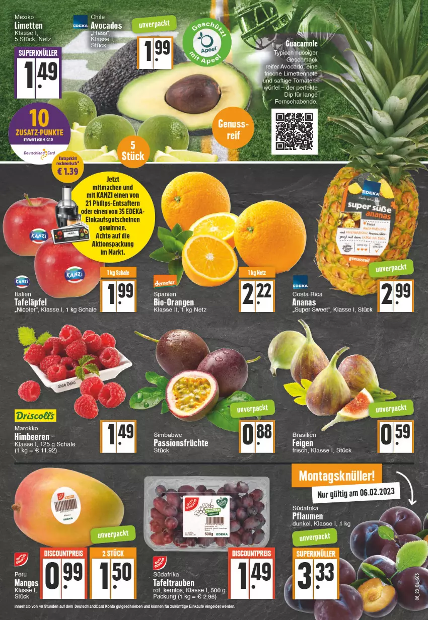 Aktueller Prospekt Edeka - Angebote der Woche - von 06.02 bis 11.02.2023 - strona 5 - produkty: ananas, chia, dip, discount, eis, erde, früchte, limette, limetten, mac, mango, mangos, Mett, metten, pflaume, pflaumen, reis, saft, Schal, Schale, sim, simba, tafeltrauben, tee, Ti, tomate, tomaten, trauben, würfel