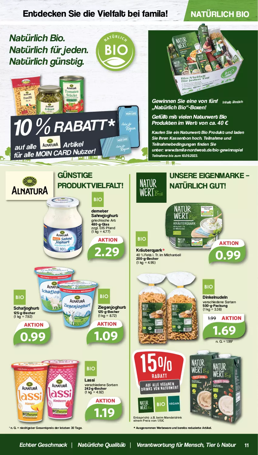 Aktueller Prospekt Famila - Prospekte - von 28.08 bis 02.09.2023 - strona 11 - produkty: Becher, bio, decke, drink, drinks, eis, gewinnspiel, joghur, joghurt, kräuter, mac, mandel, Mandeldrink, milch, natur, nudel, nudeln, quark, reis, rwe, sahne, Sahnejoghurt, Ti, ZTE