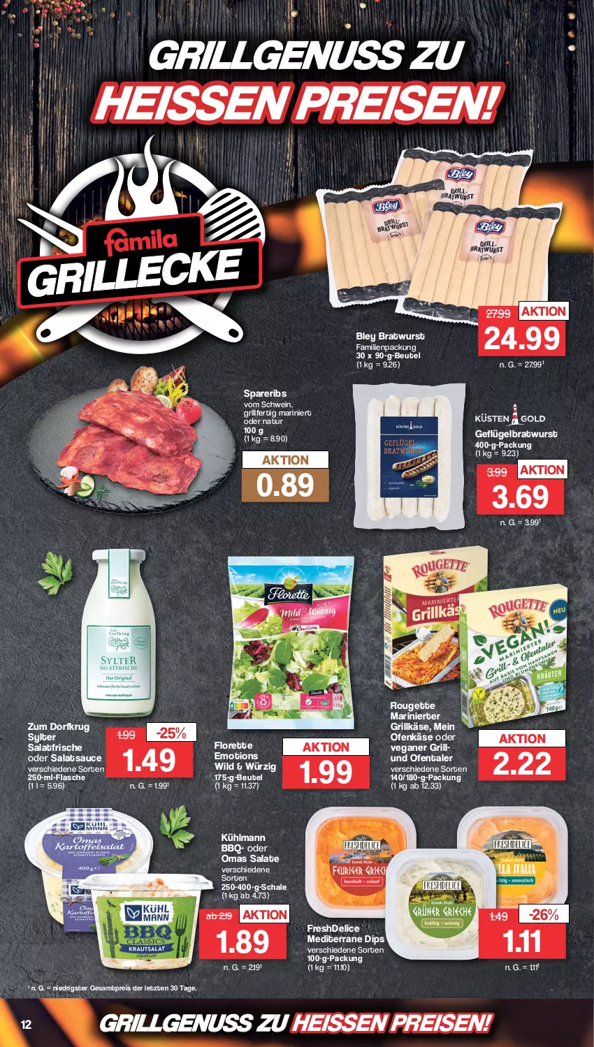 Aktueller Prospekt Famila - Prospekte - von 28.08 bis 02.09.2023 - strona 12 - produkty: beutel, bley, bratwurst, delice, dip, eis, erde, flasche, florette, Geflügel, grill, Grillkäse, Käse, kühlmann, LG, natur, nuss, Ofen, Ofenkäse, reis, rouge, rougette, salat, salate, salatsauce, sauce, Schal, Schale, schwein, spareribs, Sylter, Ti, wein, Wild, wurst, ZTE, Zum Dorfkrug