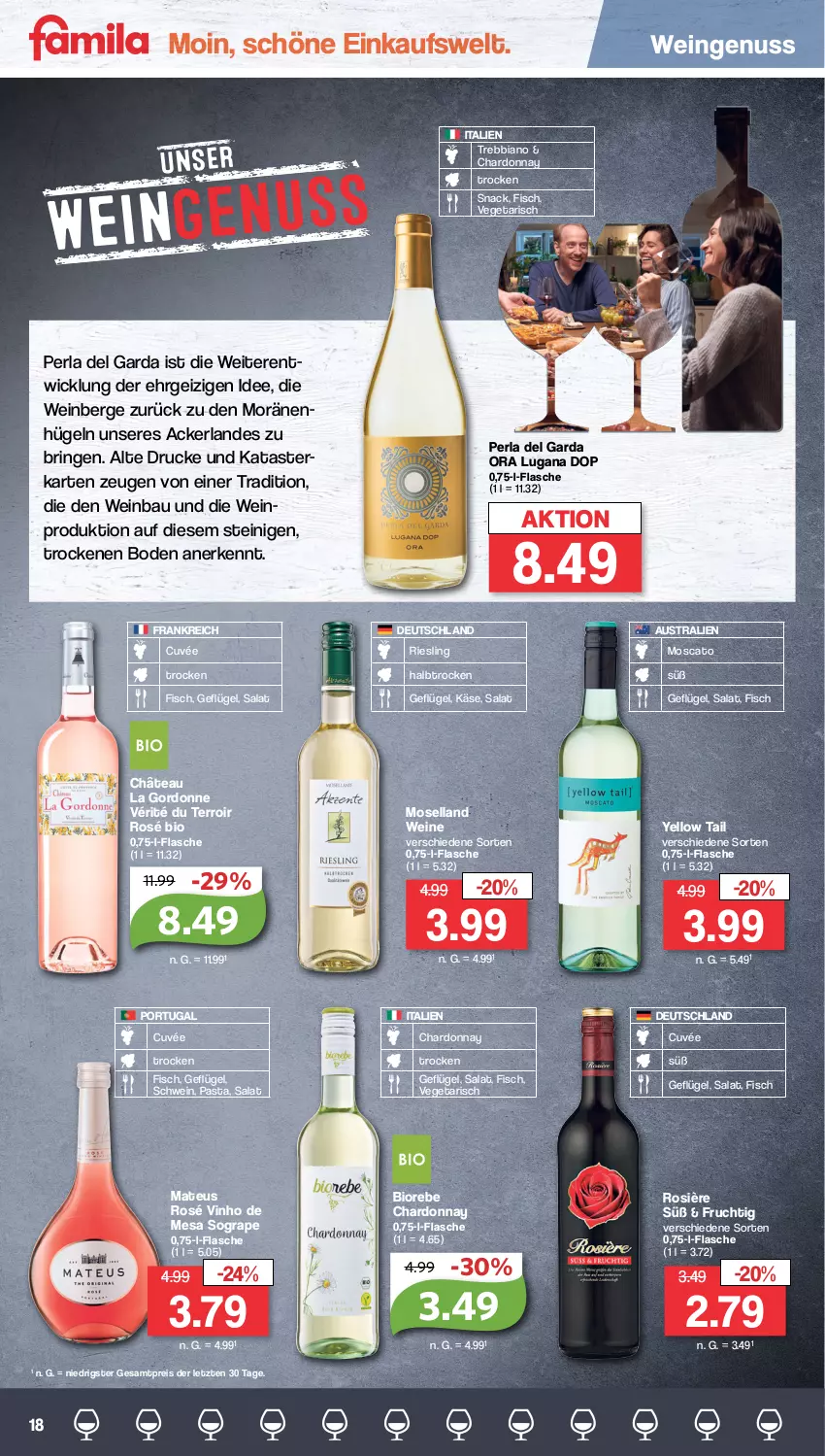 Aktueller Prospekt Famila - Prospekte - von 28.08 bis 02.09.2023 - strona 18 - produkty: aust, Bau, bio, chardonnay, cuvée, eis, fisch, flasche, frucht, Geflügel, gordon, Käse, mateus, moselland, nuss, pasta, perla, reis, riesling, ring, salat, schwein, snack, Ti, Vegeta, wein, weine, WICK, yellow tail, ZTE