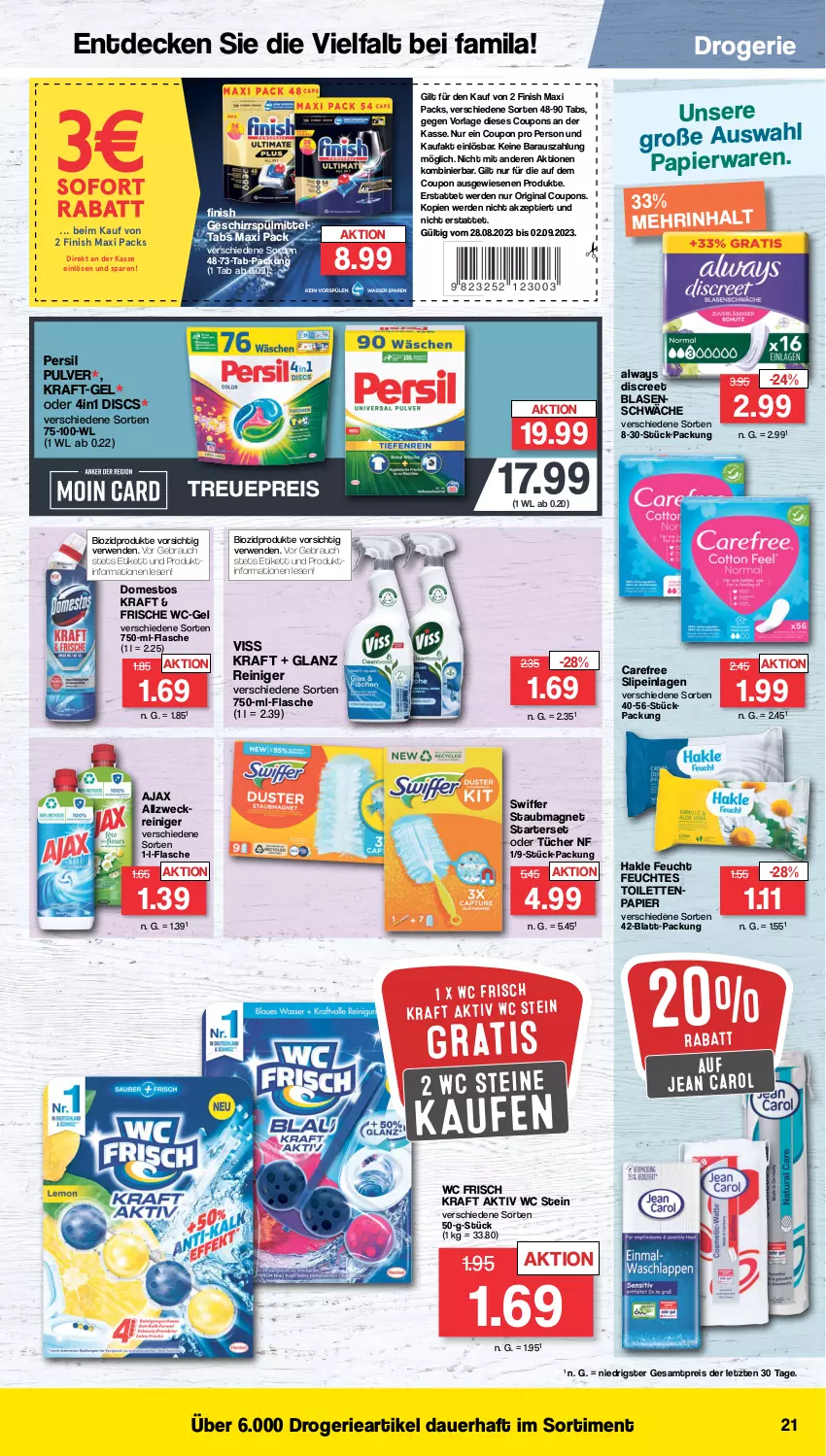 Aktueller Prospekt Famila - Prospekte - von 28.08 bis 02.09.2023 - strona 21 - produkty: ajax, Alwa, Always, auer, bio, biozidprodukte, carefree, coupon, coupons, decke, Discreet, domestos, eis, erde, Finish, flasche, geschirr, geschirrspülmittel, gin, hakle, Jean Carol, kraft, papier, persil, Rauch, reiniger, reis, rwe, slip, slipeinlagen, spülmittel, staubmagnet, swiffer, Ti, tücher, wc frisch, WC Frisch Kraft Aktiv, wc-gel, weck, ZTE