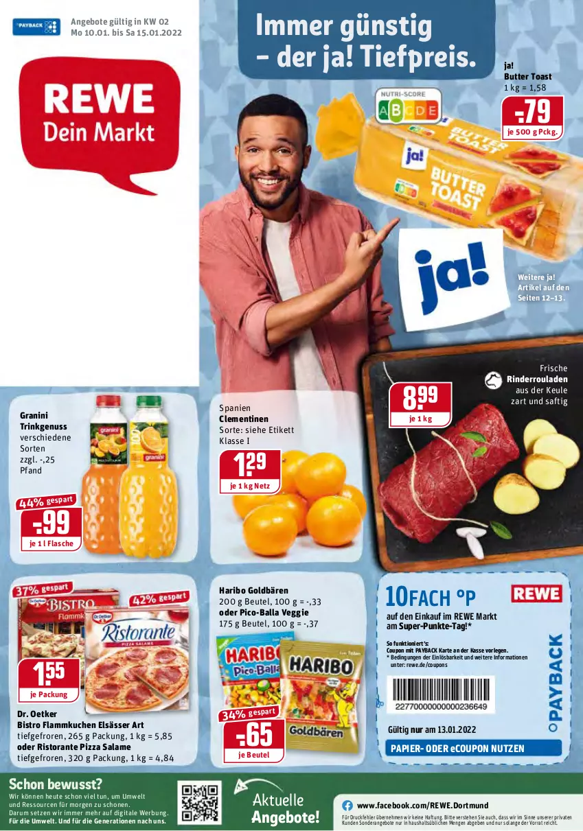 Aktueller Prospekt Rewe - Diese Woche im Angebot! - von 10.01 bis 15.01.2022 - strona 1 - produkty: angebot, angebote, ball, beutel, butter, clementinen, coupon, coupons, Dr. Oetker, eis, elle, elsässer art, flammkuchen, flasche, goldbären, granini, haribo, Heu, kuchen, lamm, nuss, papier, payback, pizza, pizza salame, reis, rind, rinder, Rinderroulade, rinderrouladen, ristorante, ristorante pizza, rouladen, rum, saft, Ti, tiefpreis, toast, veggie