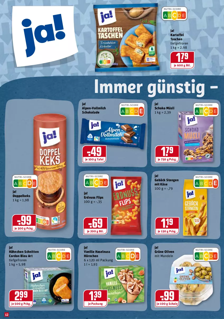 Aktueller Prospekt Rewe - Diese Woche im Angebot! - von 10.01 bis 15.01.2022 - strona 12 - produkty: cordon bleu, erdnuss, grüne oliven, haselnuss, hörnchen, kartoffel, Käse, keks, mandel, mandeln, milch, müsli, nuss, olive, oliven, Schal, Schale, schnitten, schoko, schokolade, Tasche, taschen, Ti, vanille, vollmilch